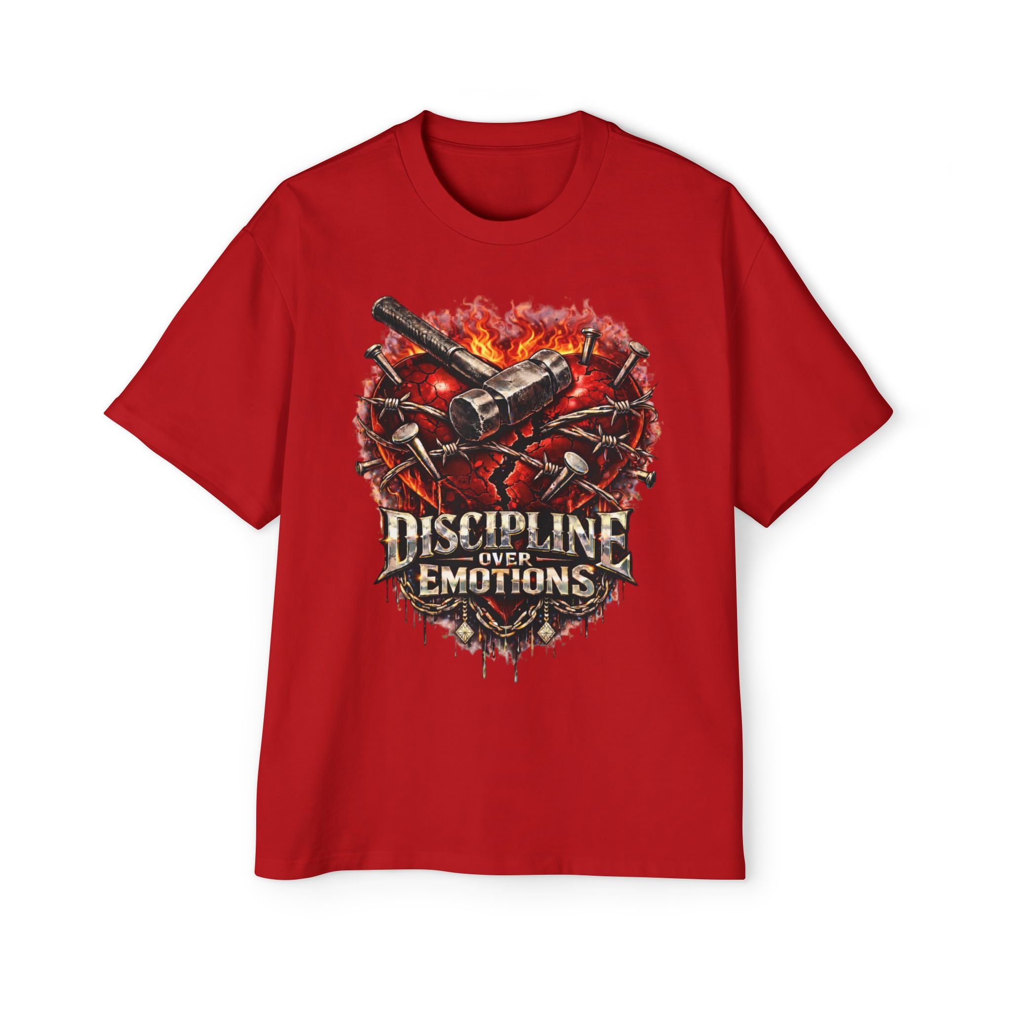 Oversized Discipline Over Emotions Graphic Tee (Front Red Heart) Printify