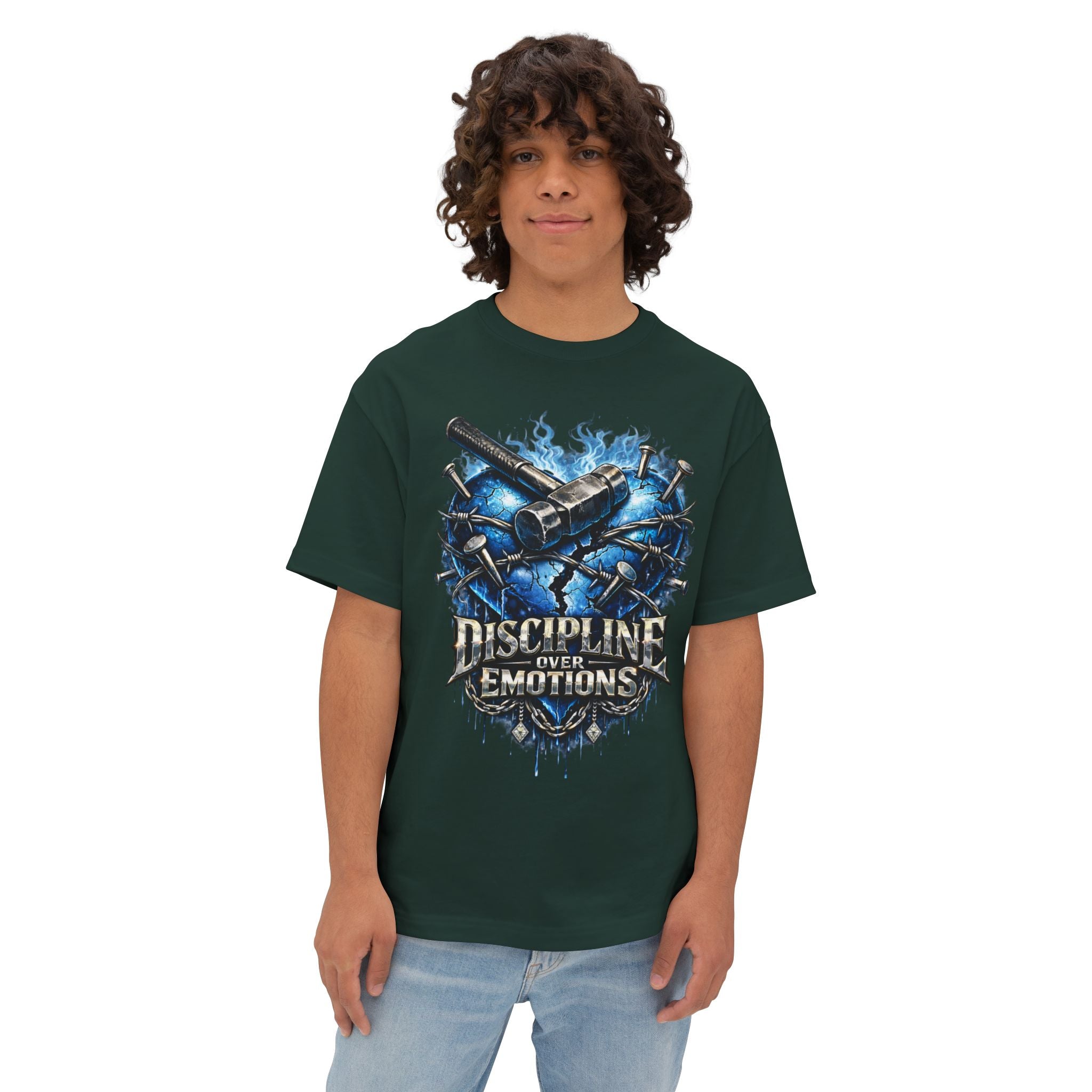 Adult *Oversized* Discipline Over Emotions Graphic T-Shirt (Blue Heart) - Zealous For All