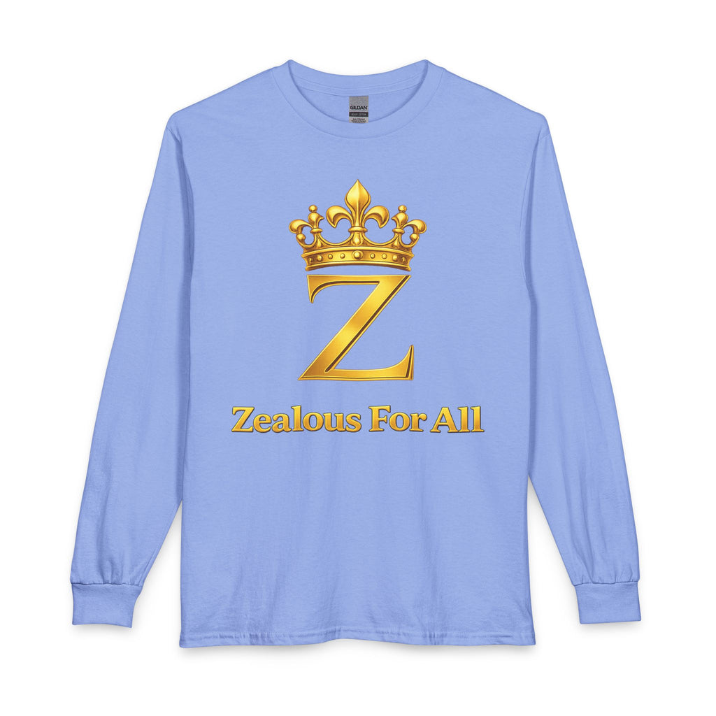 Long Sleeve Shirt — "Zealous For All" Gold Crown Logo, Printify