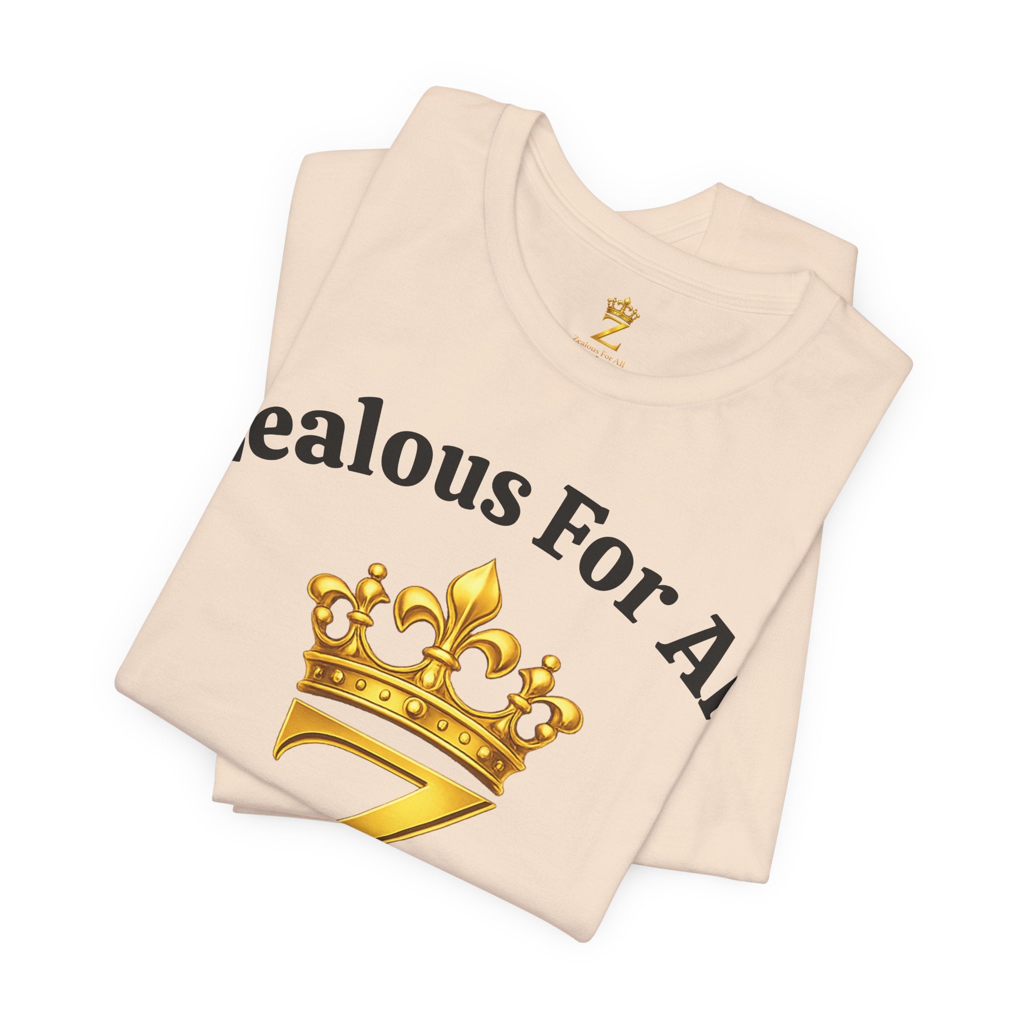 Unisex Luxury Zealous For All T-Shirt (Gold/Black Words, Big Logo T-shirt) Printify