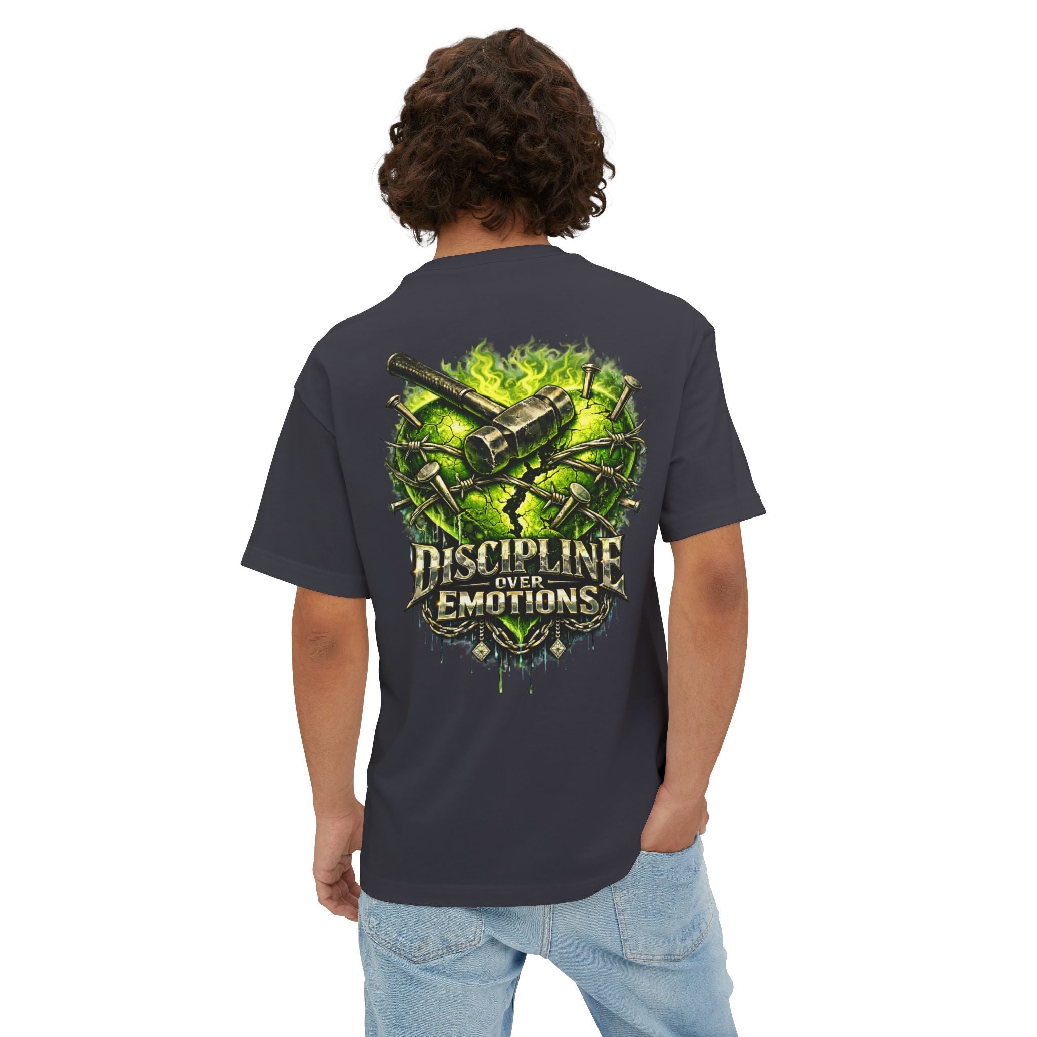 Adult *Oversized* Discipline Over Emotions (Back) Graphic Tee (Lime Green Heart) Printify