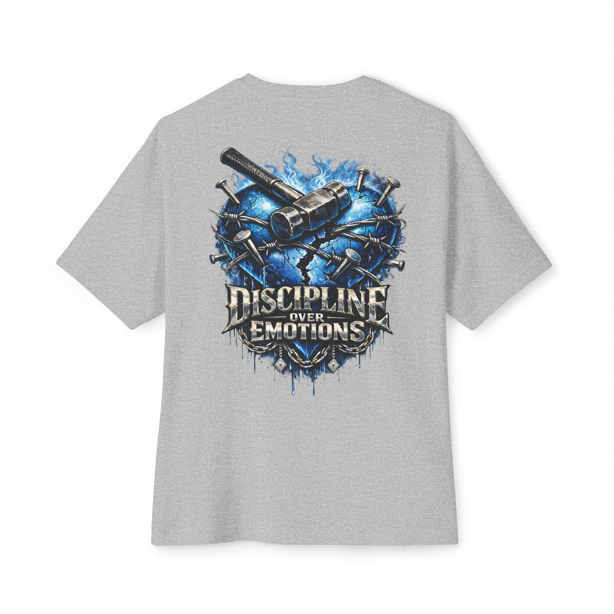 Adult *Oversized* Discipline Over Emotions (Back) Graphic Tee (Blue Heart) Printify