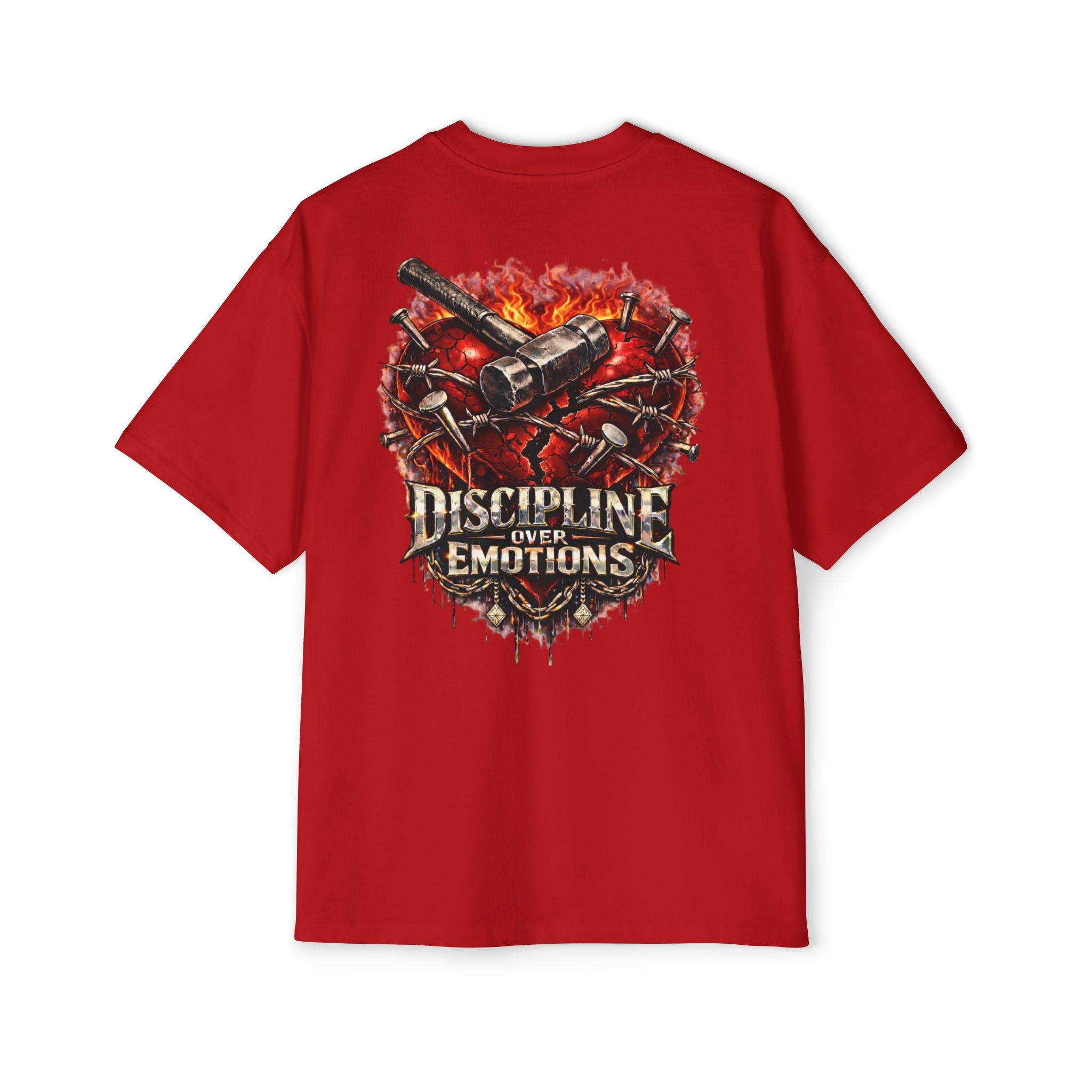 Oversized Discipline Over Emotions (Back) Graphic Tee (Red Heart) Printify