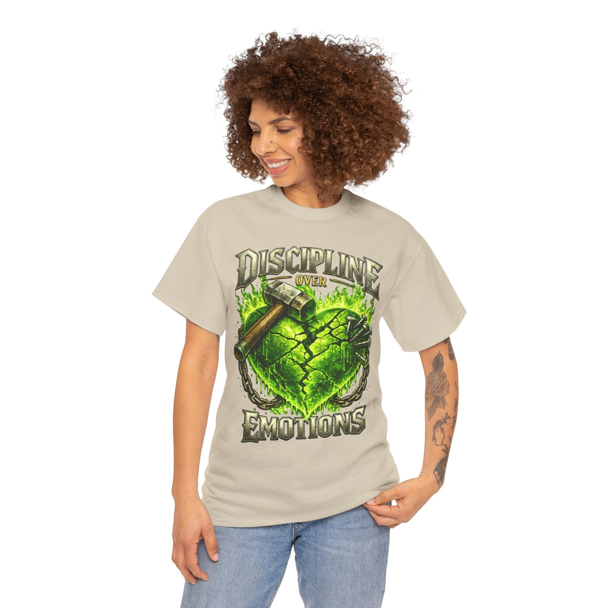 Adult Discipline Over Emotions Graphic T-Shirt (Lime Green Heart)