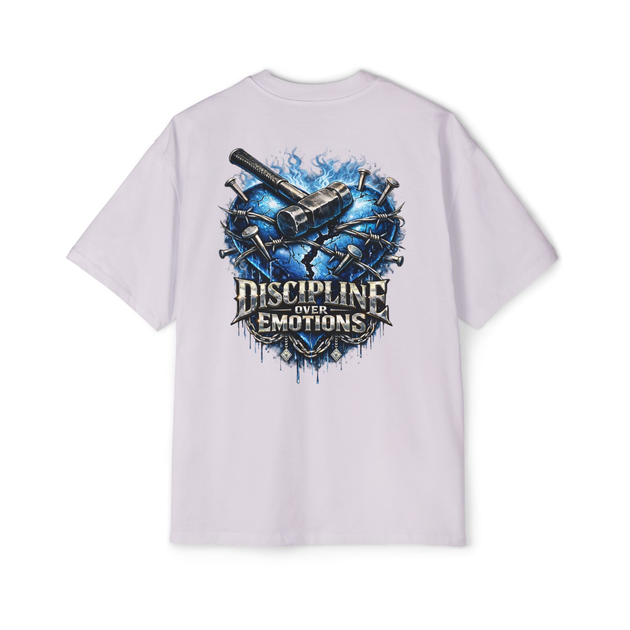 Oversized Discipline Over Emotions (Back) Graphic Tee (Blue Heart) Printify