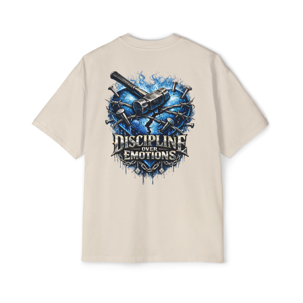 Oversized Discipline Over Emotions (Back) Graphic Tee (Blue Heart) Printify