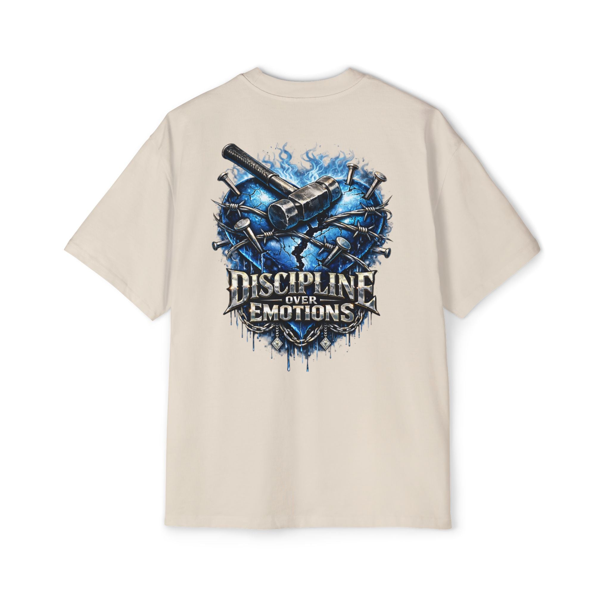 Oversized Discipline Over Emotions (Back) Graphic Tee (Blue Heart) Printify