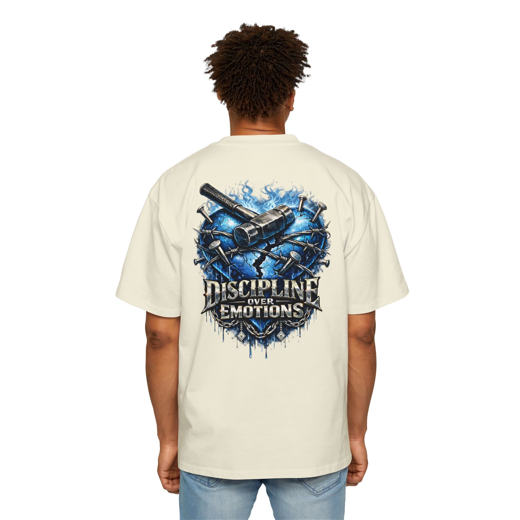 Oversized Discipline Over Emotions (Back) Graphic Tee (Blue Heart) Printify