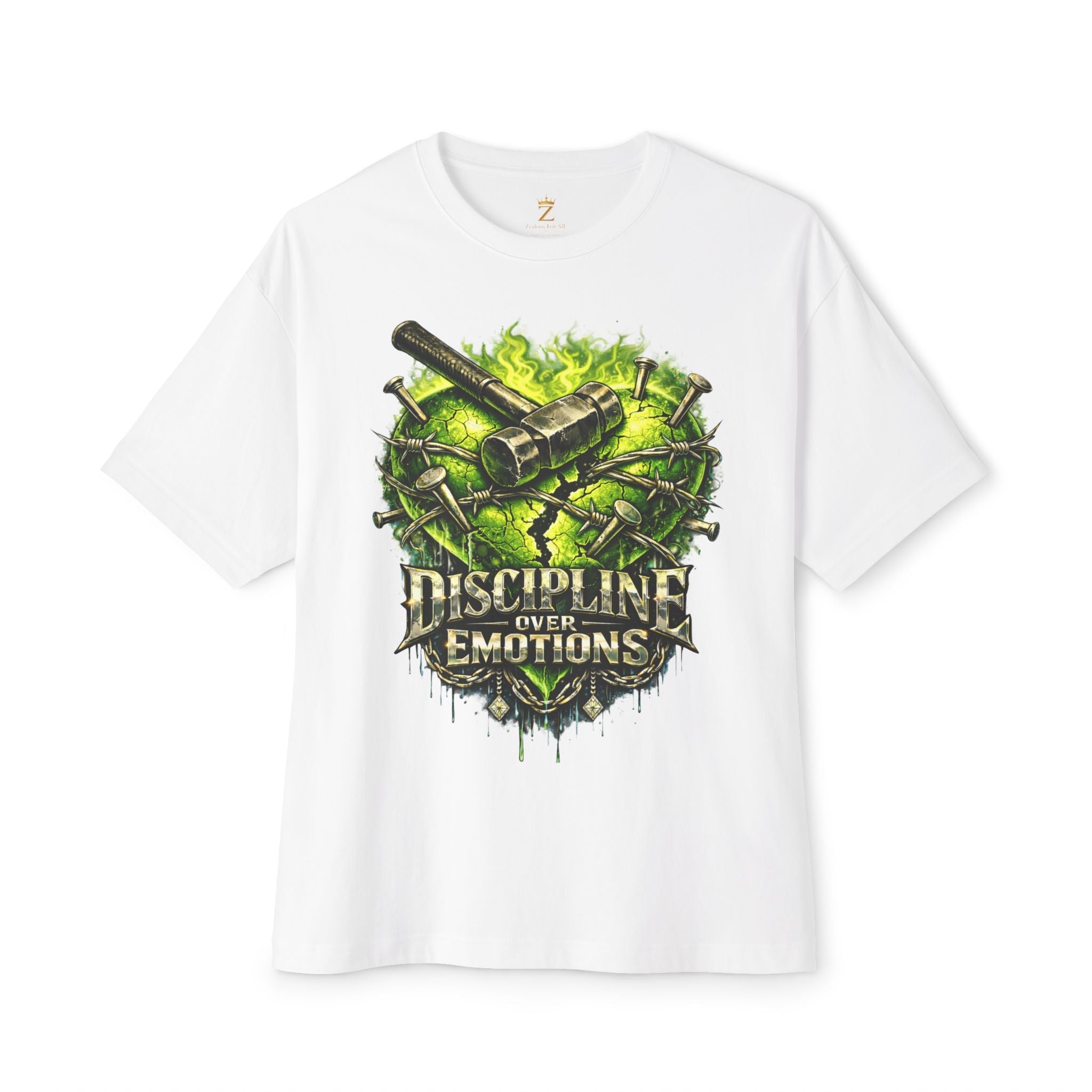 Adult *Oversized* Discipline Over Emotions Graphic Tee (Green Heart) Printify