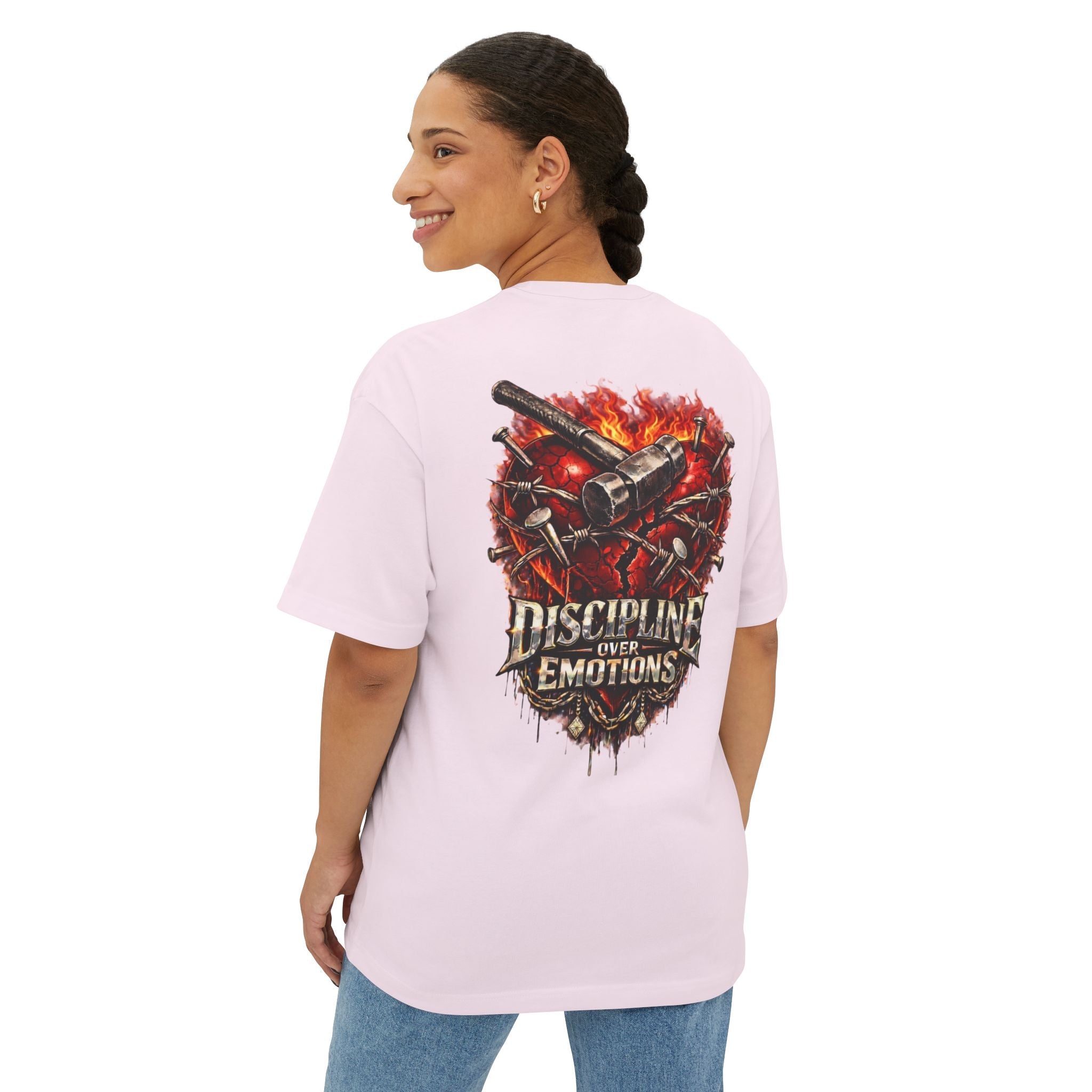 Adult *Oversized* Discipline Over Emotions (Back) Graphic Tee (Red Heart) Printify