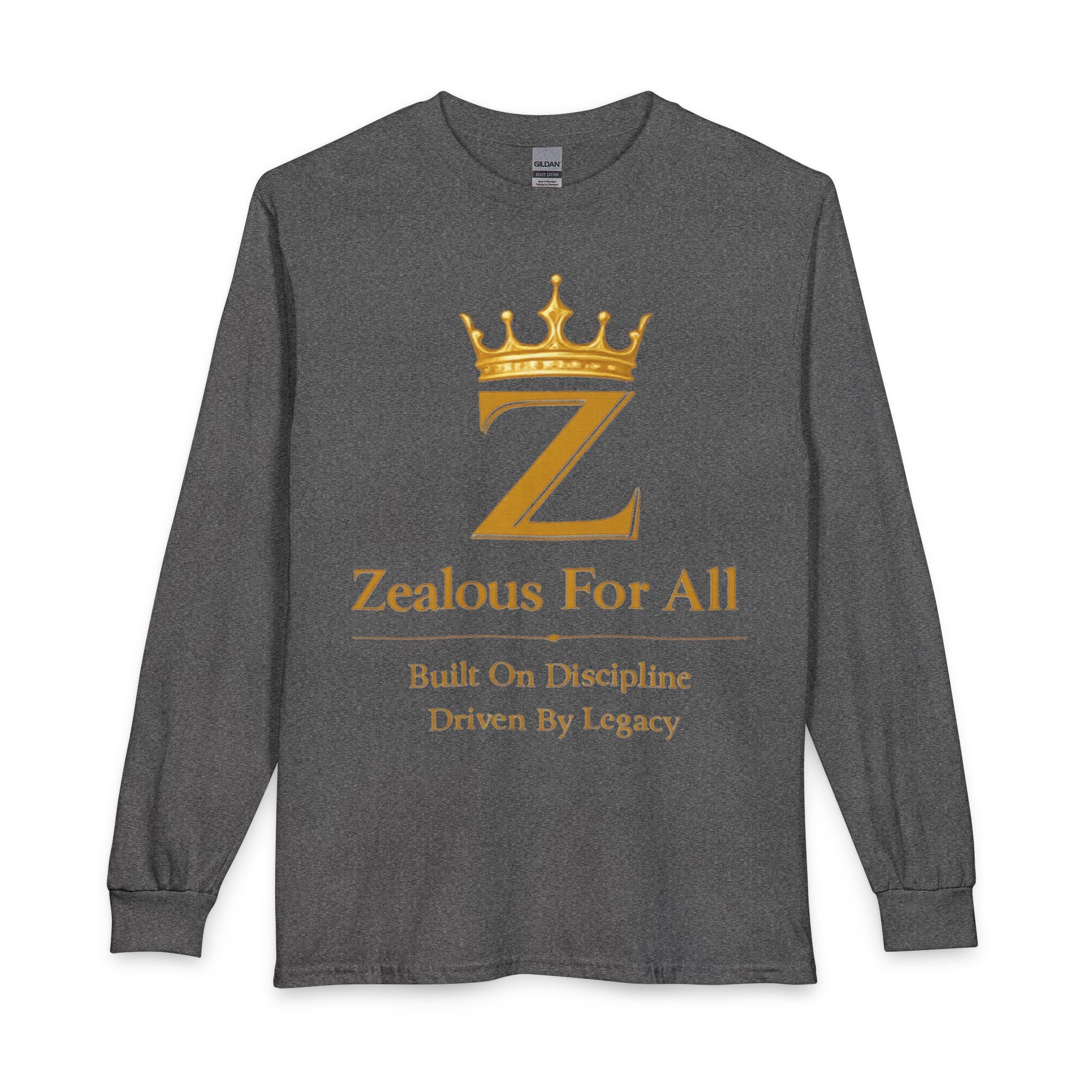 Long Sleeve Shirt — "Zealous For All" Gold Crown Logo, Motivational Athletic Streetwear Printify