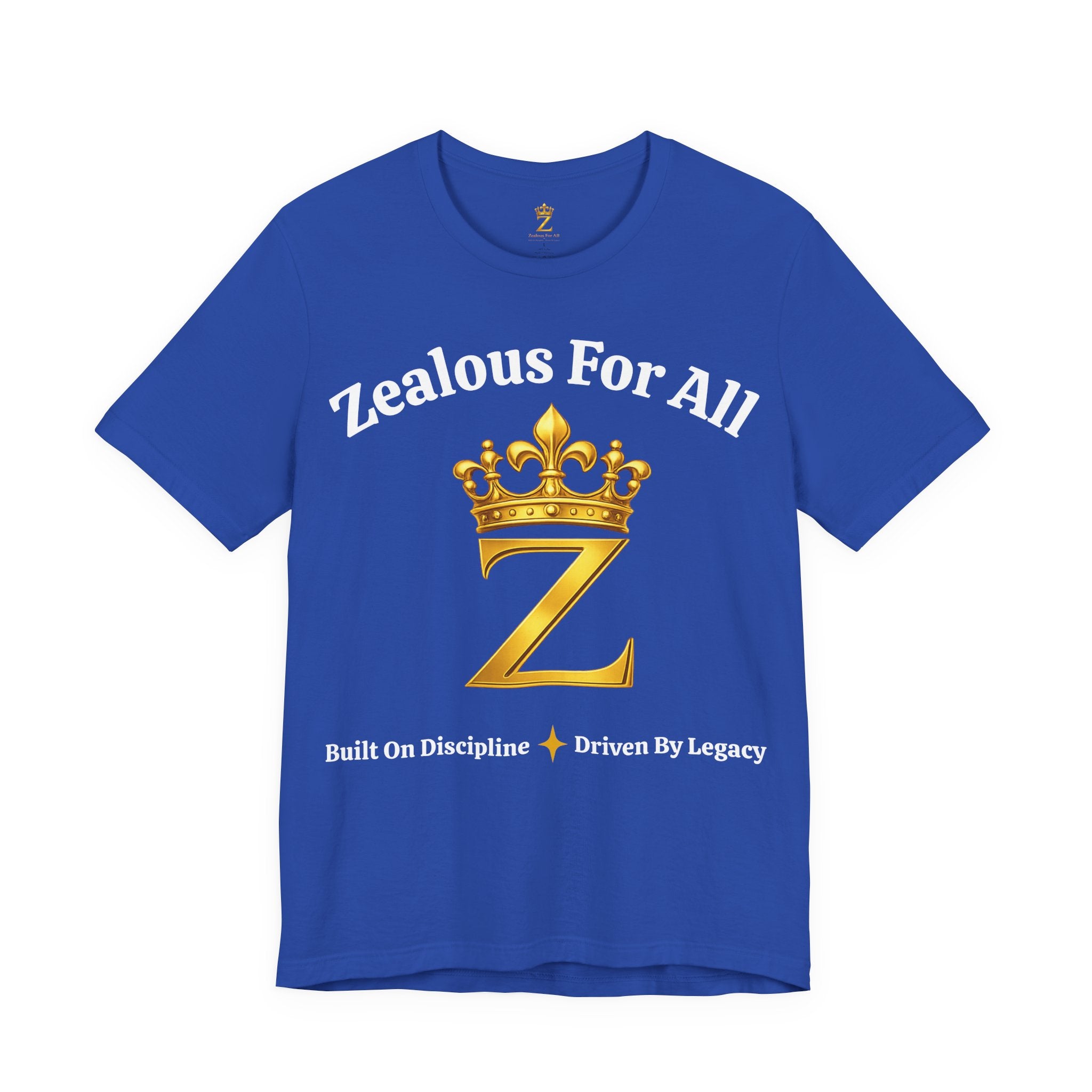 Unisex Luxury Zealous For All T-Shirt (Gold/White Words, Big Logo T-shirt) Printify