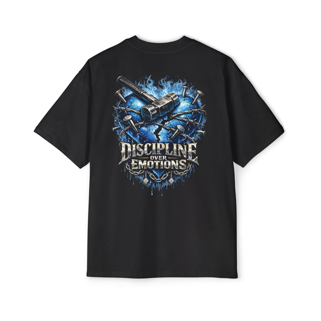 Oversized Discipline Over Emotions (Back) Graphic Tee (Blue Heart) Printify