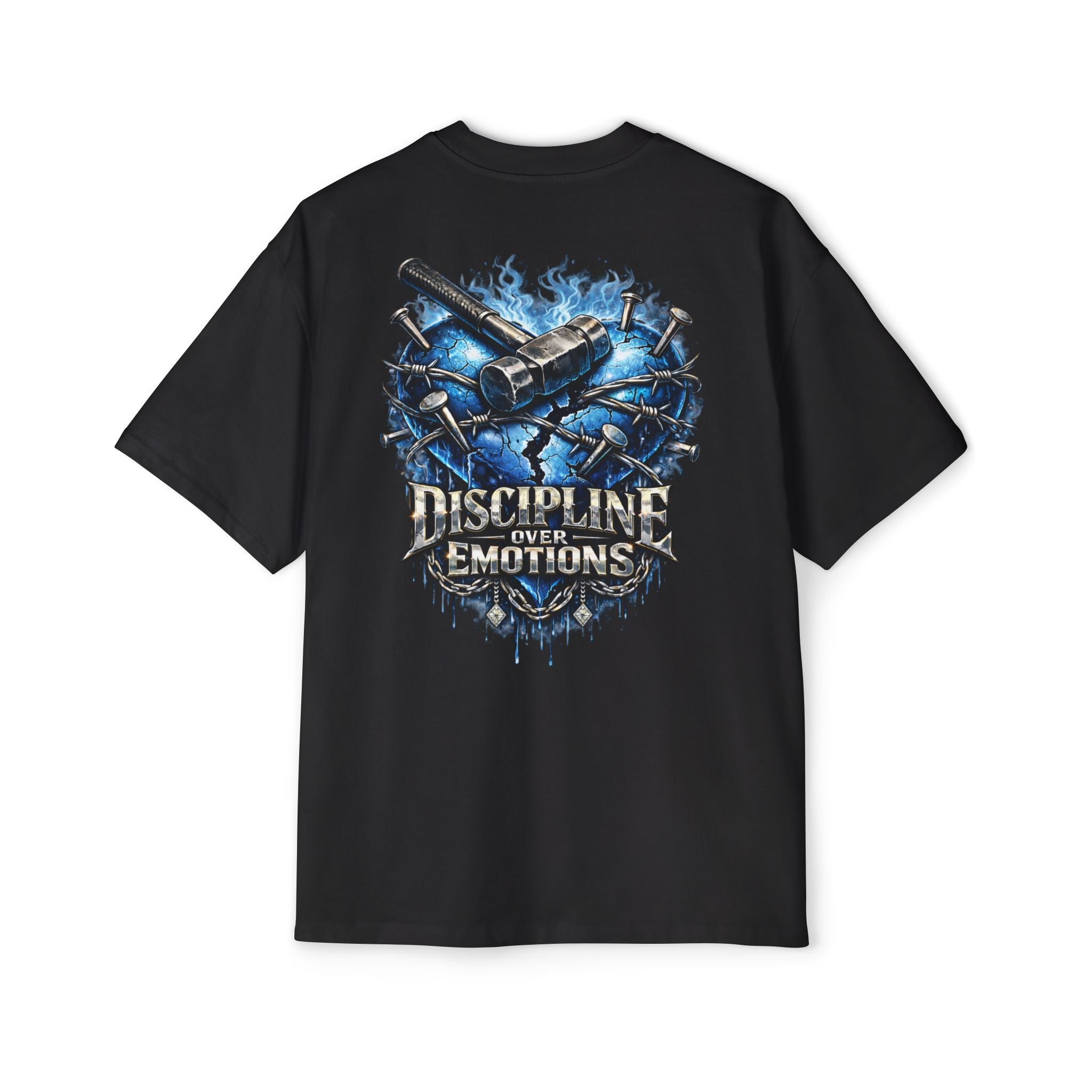 Oversized Discipline Over Emotions (Back) Graphic Tee (Blue Heart) Printify