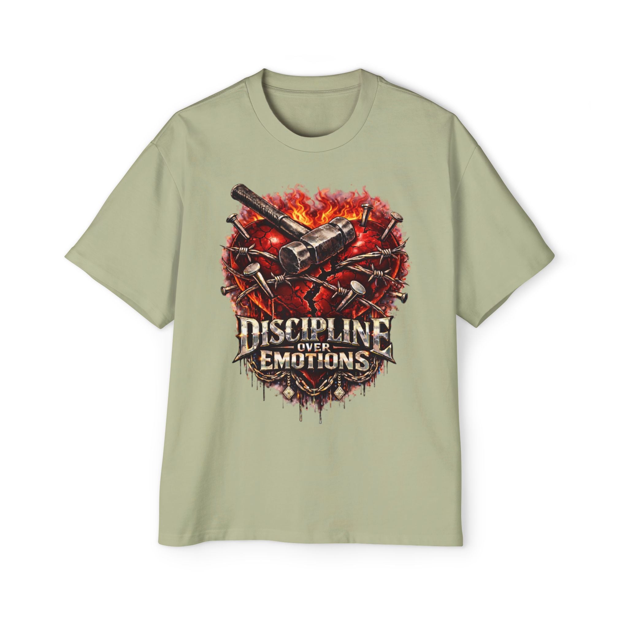 Oversized Discipline Over Emotions Graphic Tee (Front Red Heart) Printify