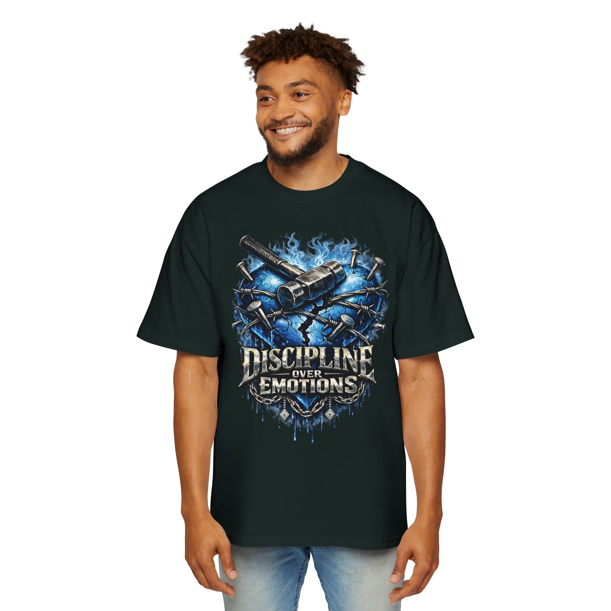 Oversized Discipline Over Emotions Graphic T-Shirt (Blue Heart) Printify