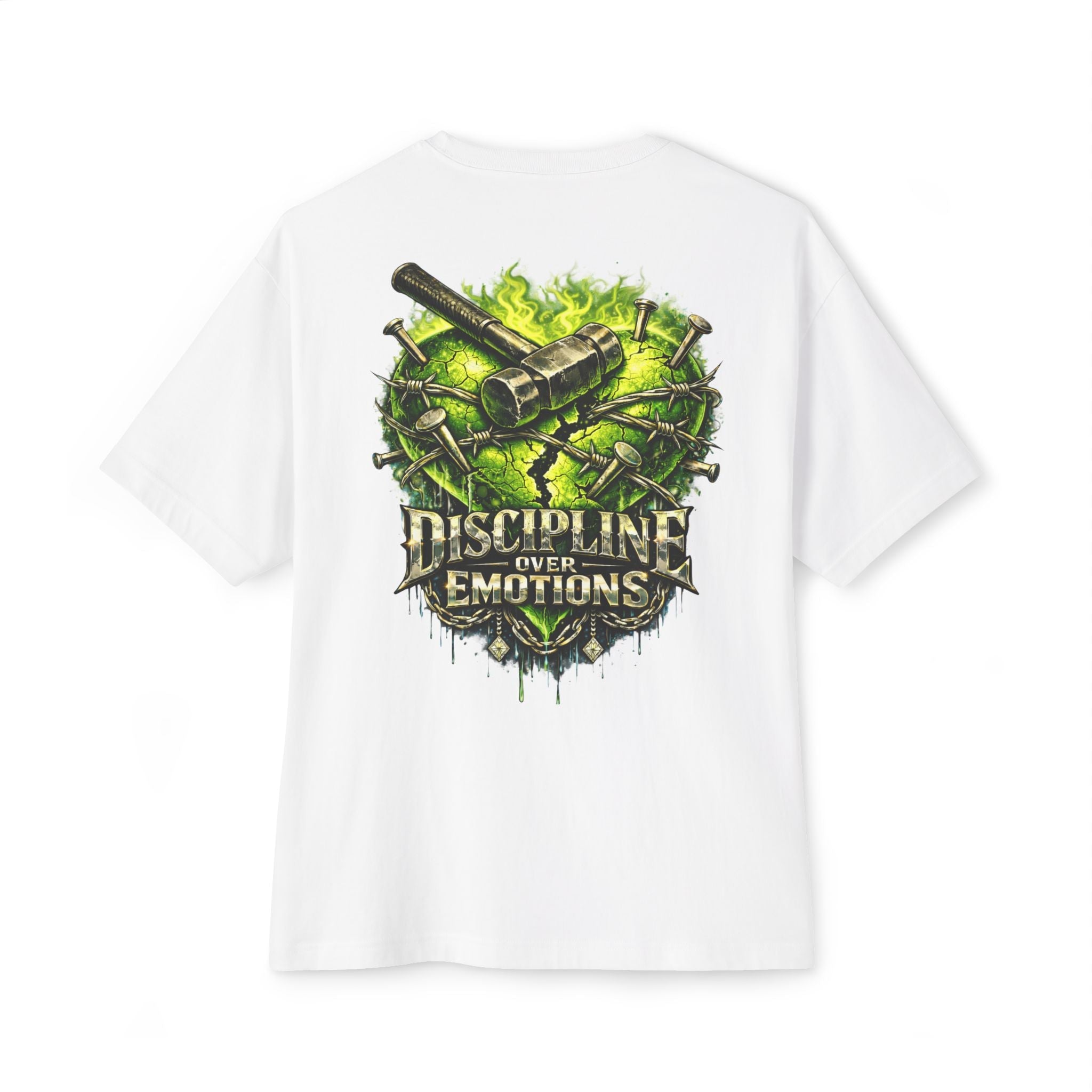 Adult *Oversized* Discipline Over Emotions (Back) Graphic Tee (Lime Green Heart) Printify