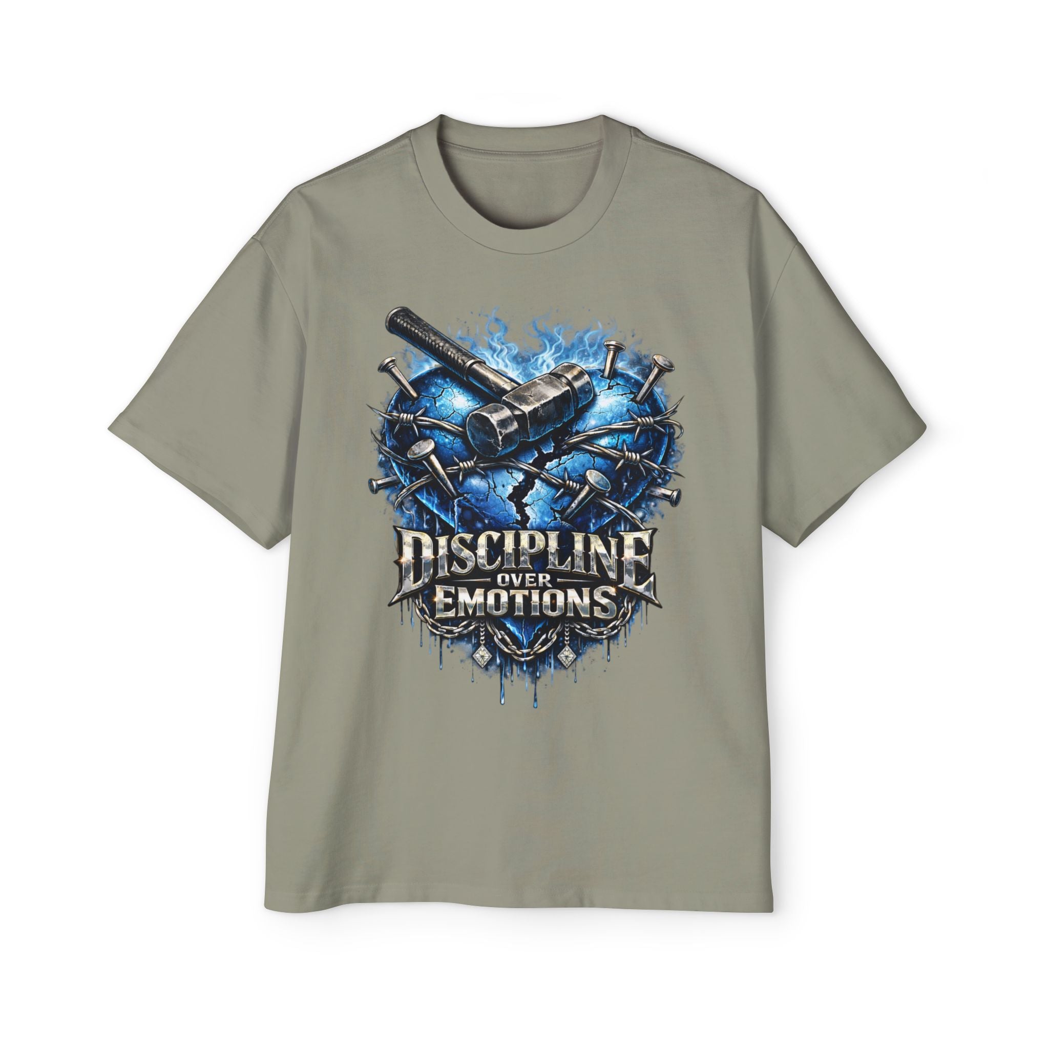 Oversized Discipline Over Emotions Graphic T-Shirt (Blue Heart) Printify