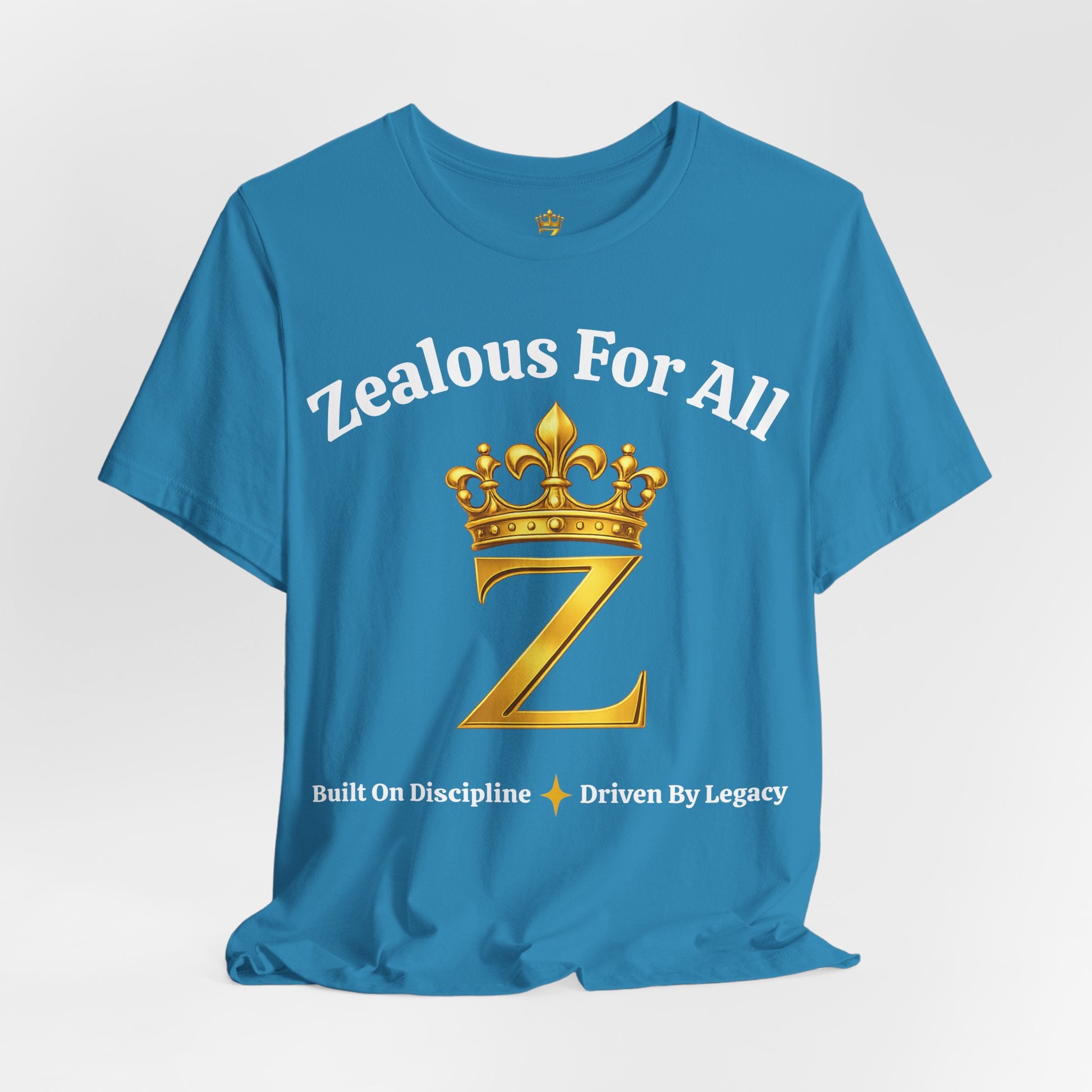 Unisex Luxury Zealous For All T-Shirt (Gold/White Words, Big Logo T-shirt) Printify