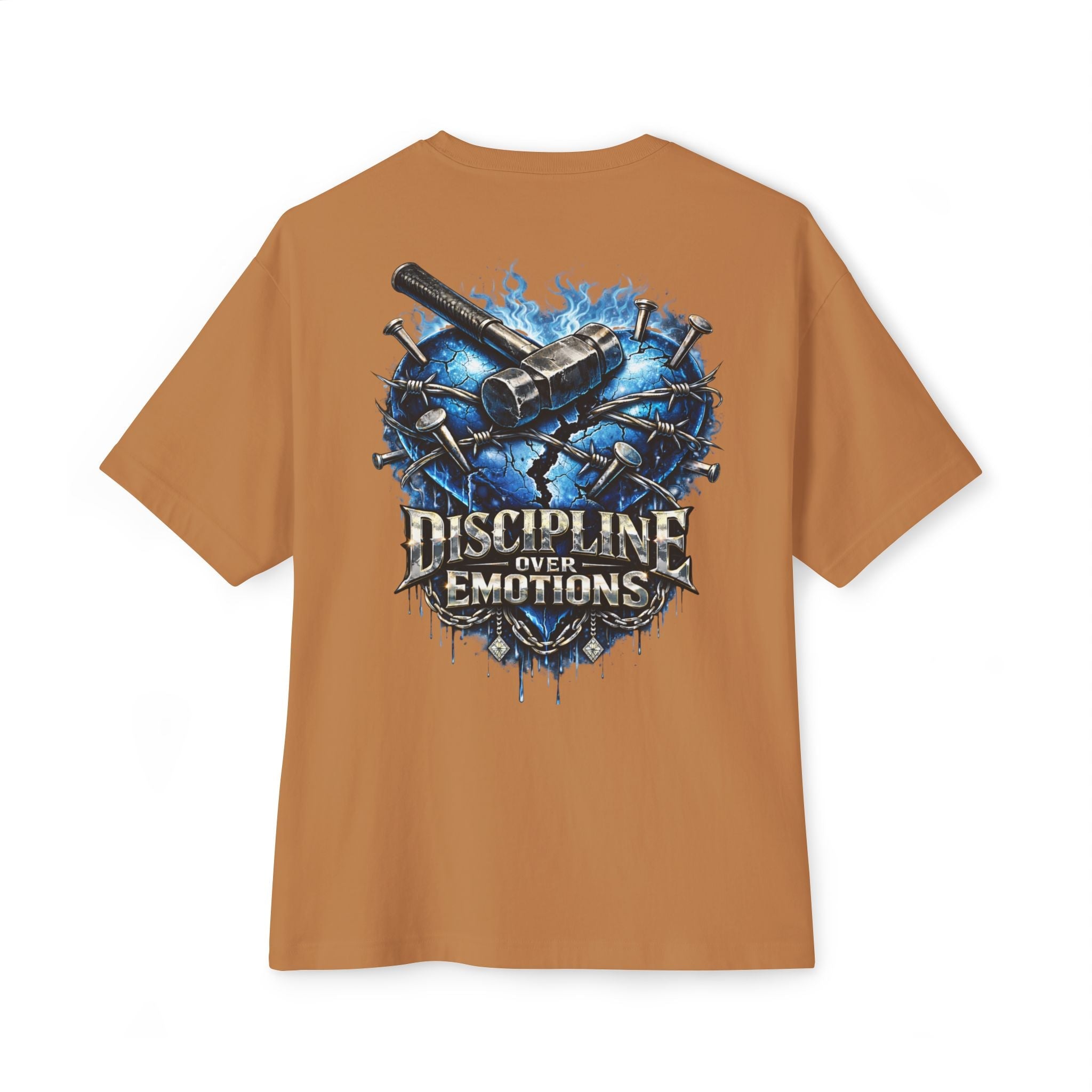 Adult *Oversized* Discipline Over Emotions (Back) Graphic Tee (Blue Heart) Printify