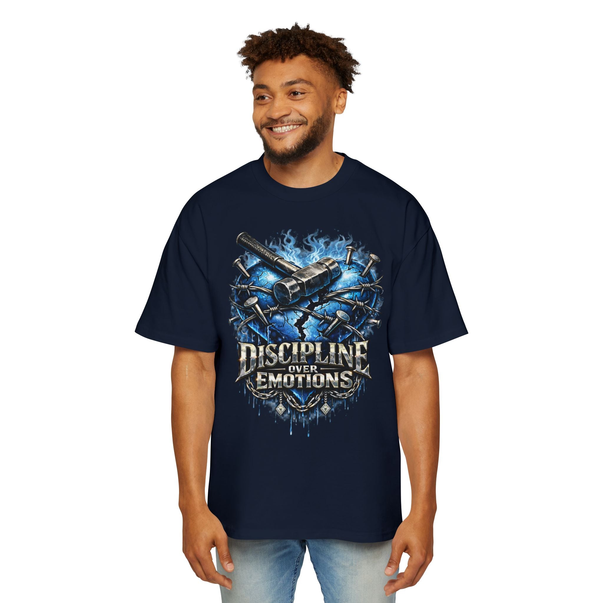 Oversized Discipline Over Emotions Graphic T-Shirt (Blue Heart) Printify