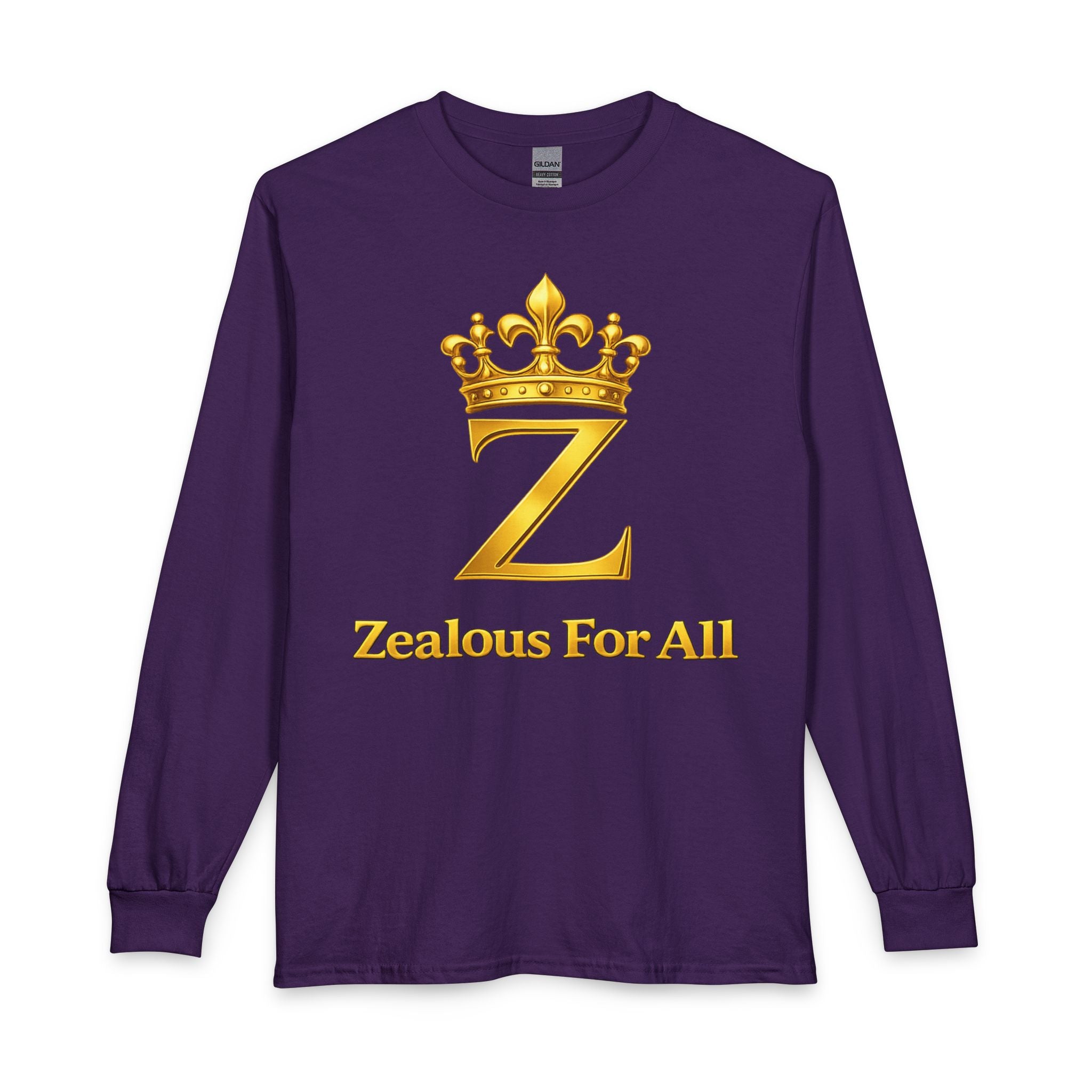 Long Sleeve Shirt — "Zealous For All" Gold Crown Logo, Printify