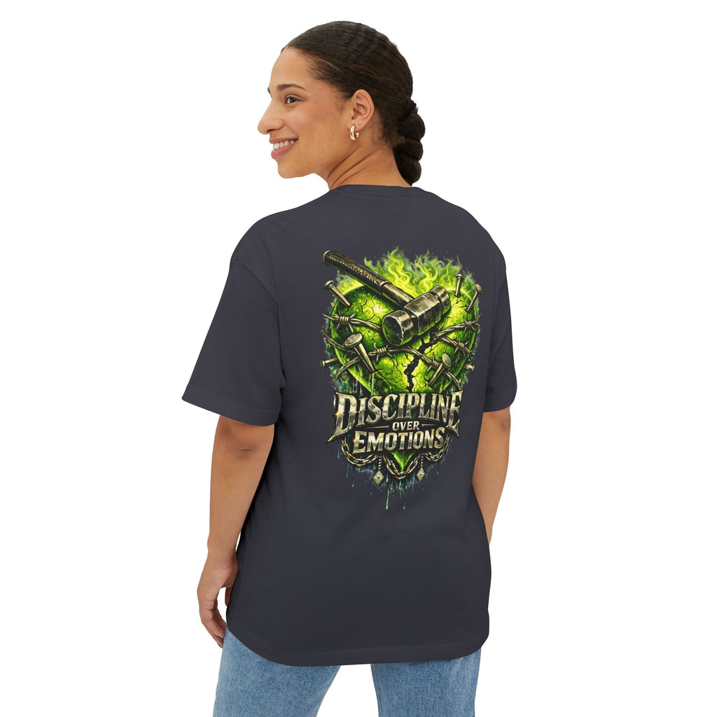 Adult *Oversized* Discipline Over Emotions (Back) Graphic Tee (Lime Green Heart) Printify