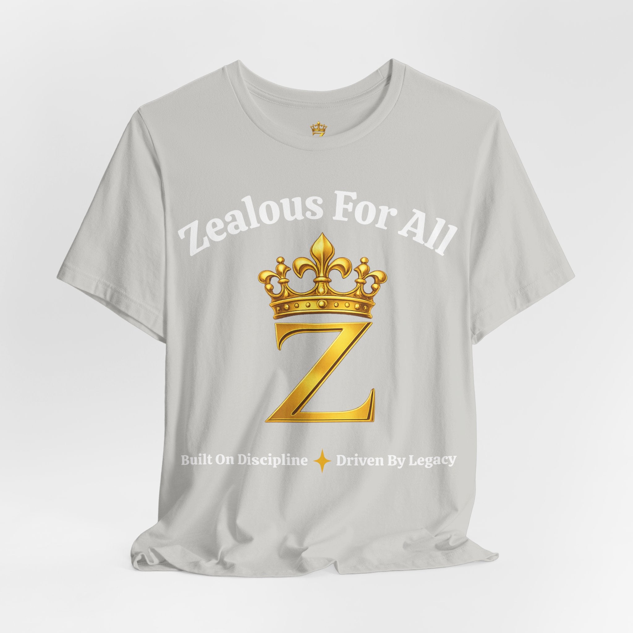 Unisex Luxury Zealous For All T-Shirt (Gold/White Words, Big Logo T-shirt) Printify