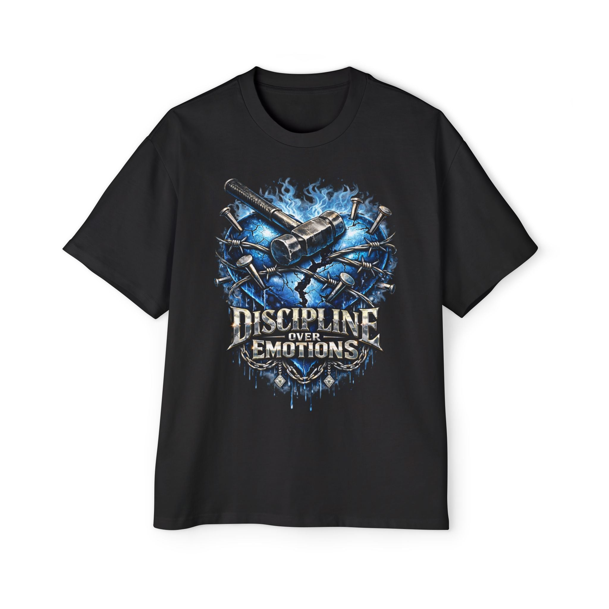 Oversized Discipline Over Emotions Graphic T-Shirt (Blue Heart) Printify