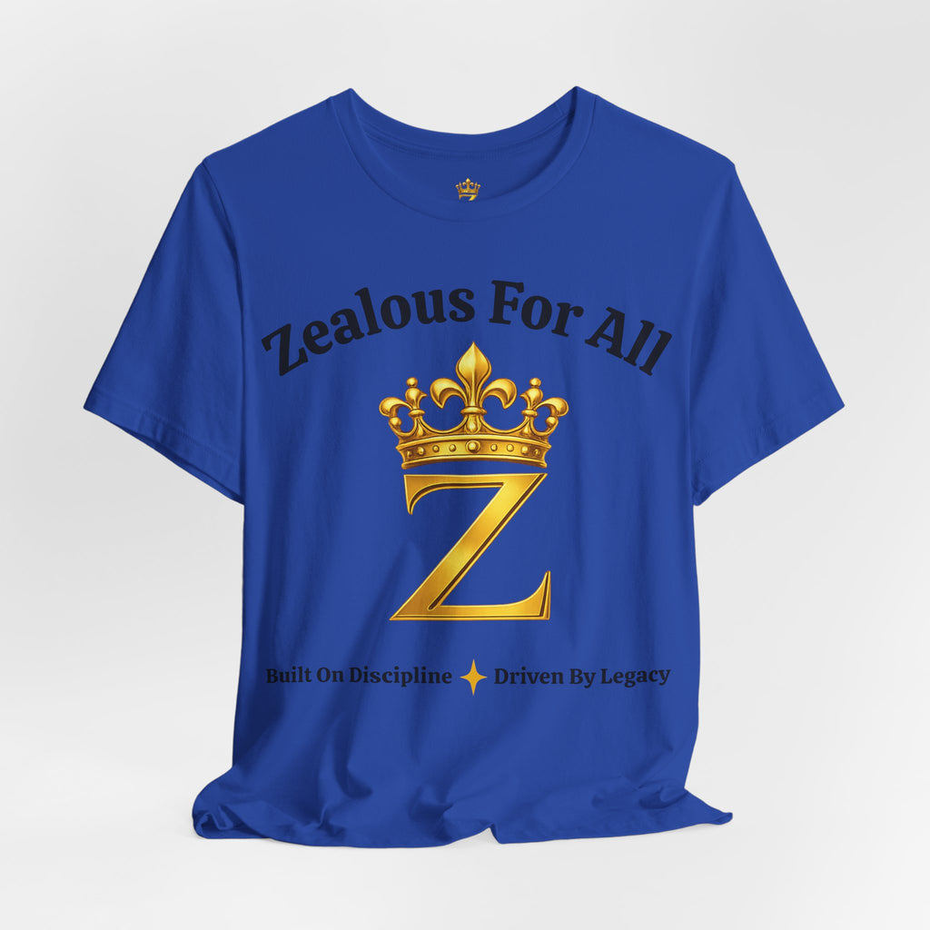 Unisex Luxury Zealous For All T-Shirt (Gold/Black Words, Big Logo T-shirt) Printify