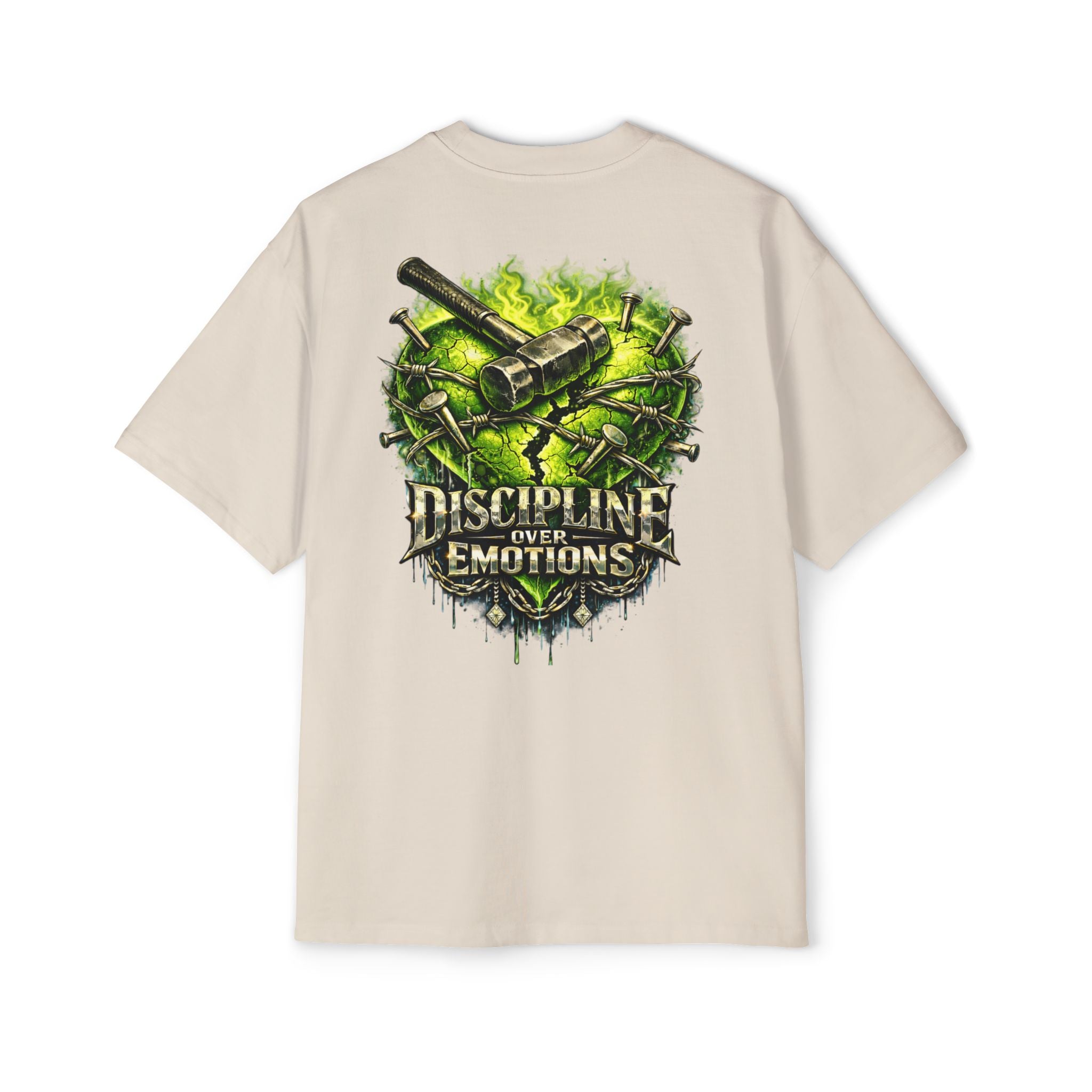 Adult *Oversized* Discipline Over Emotions (Back) Graphic Tee (Lime Green Heart) Printify