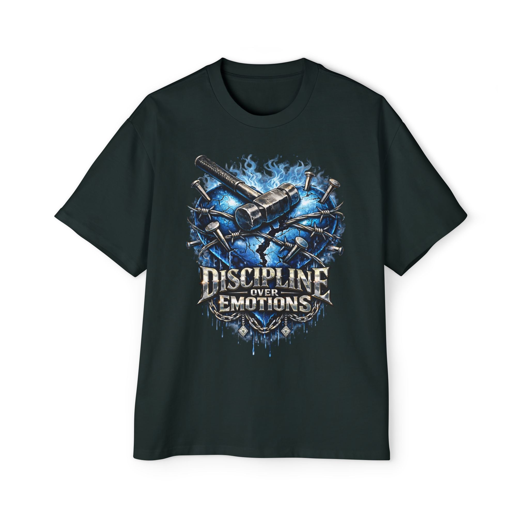 Oversized Discipline Over Emotions Graphic T-Shirt (Blue Heart) Printify