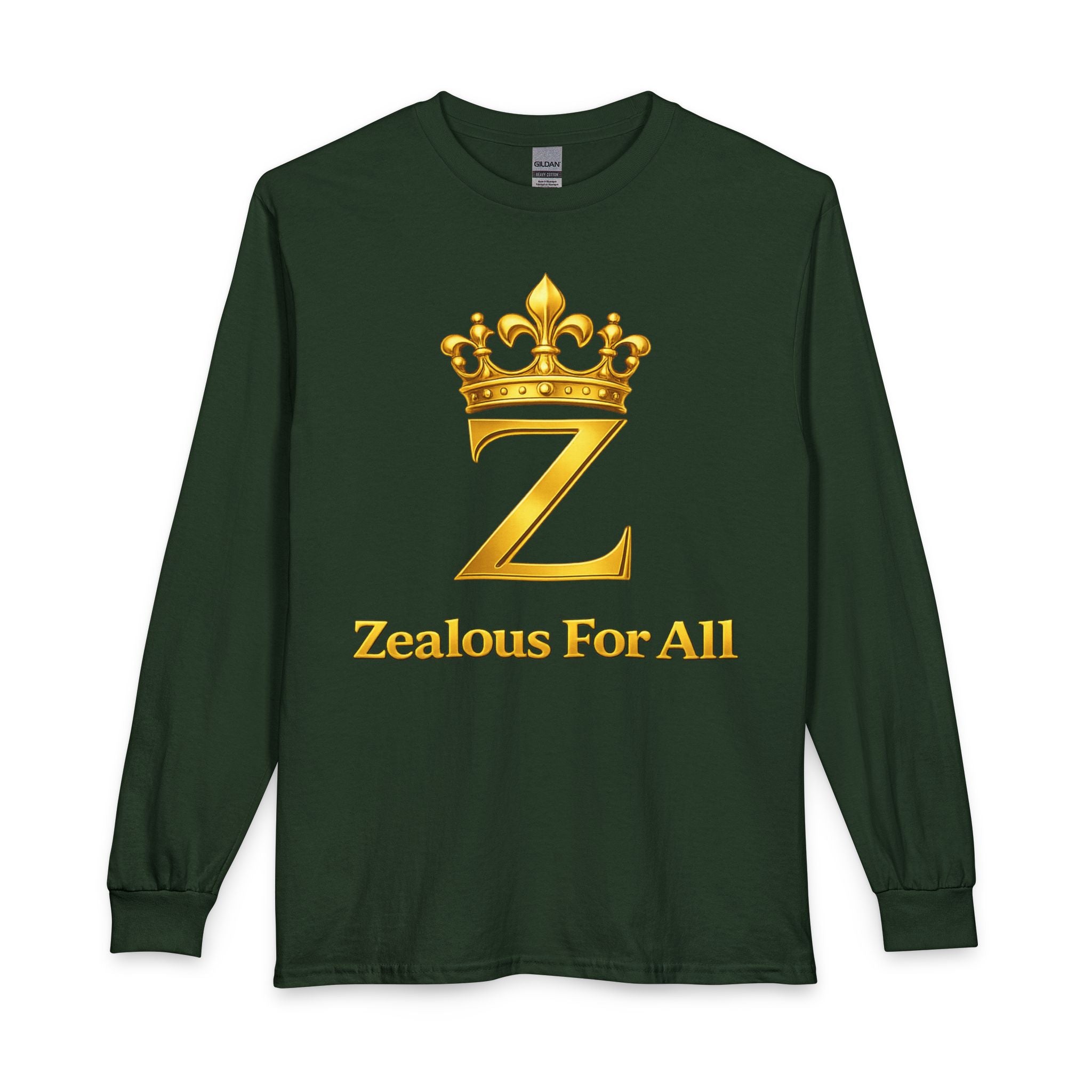 Long Sleeve Shirt — "Zealous For All" Gold Crown Logo, Printify