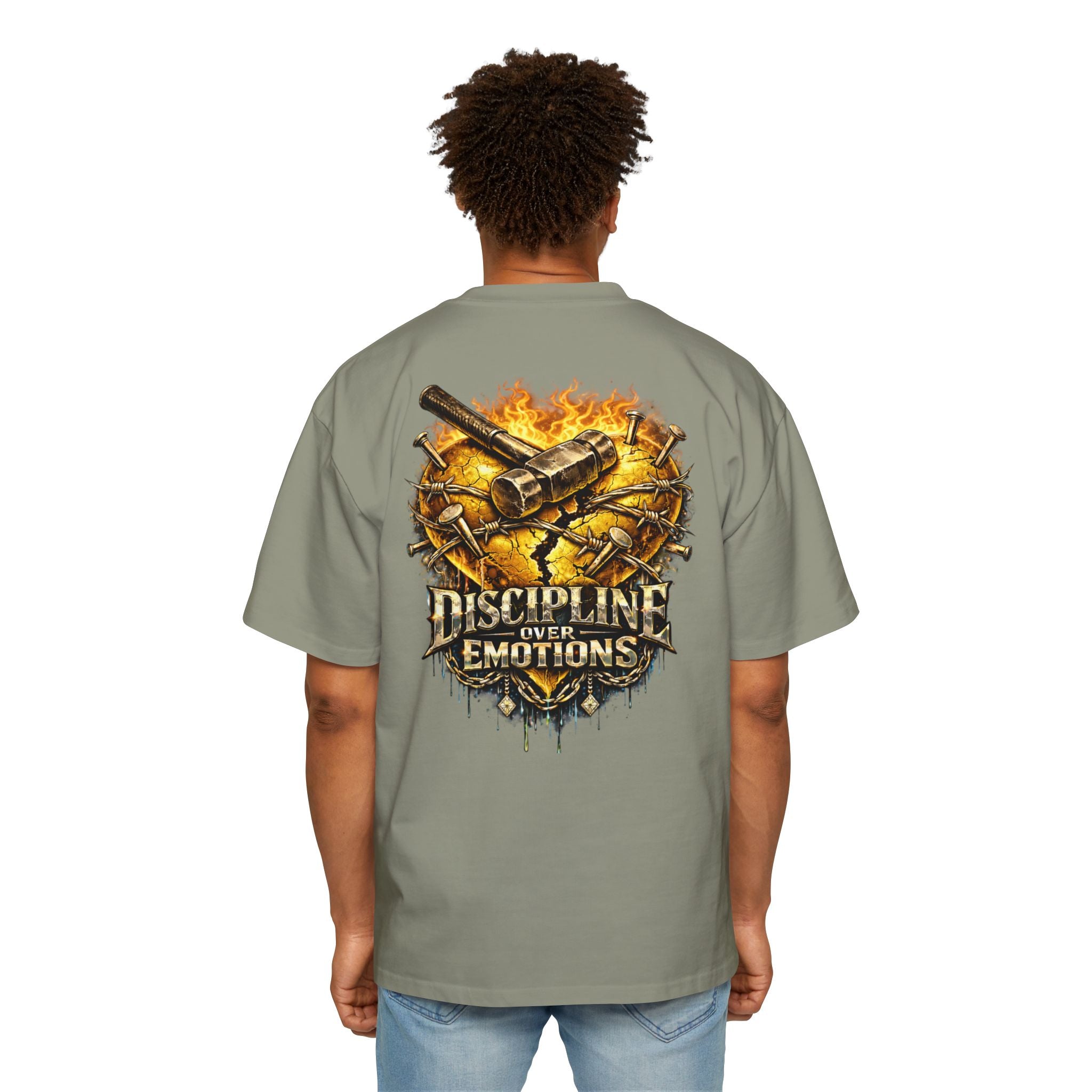 Oversized Discipline Over Emotions (Back) Graphic Tee (Gold Heart) Printify