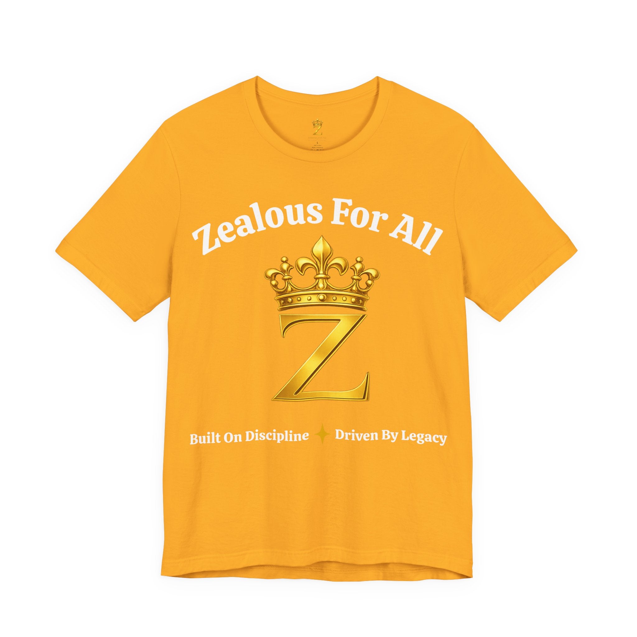 Unisex Luxury Zealous For All T-Shirt (Gold/White Words, Big Logo T-shirt) Printify
