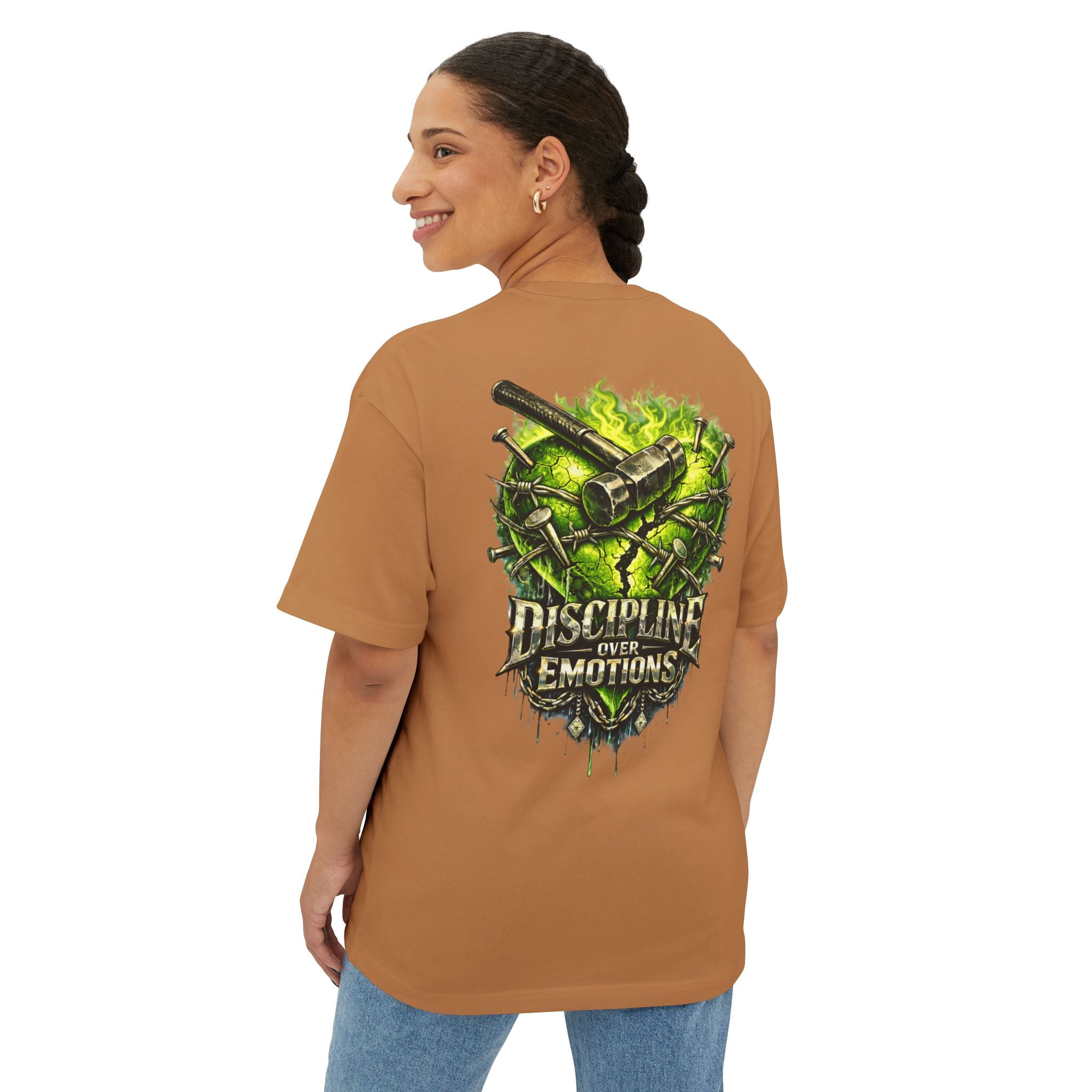 Adult *Oversized* Discipline Over Emotions (Back) Graphic Tee (Lime Green Heart) - Zealous For All