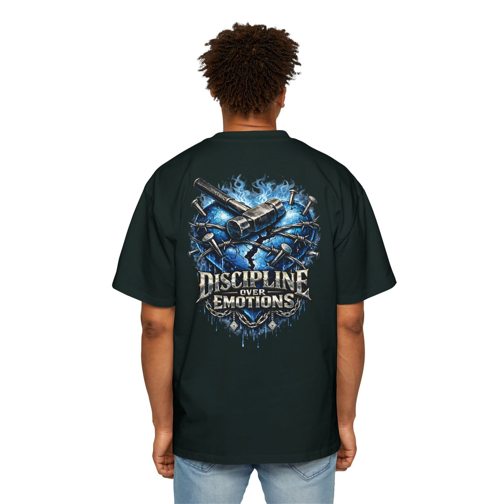 Oversized Discipline Over Emotions (Back) Graphic Tee (Blue Heart) Printify