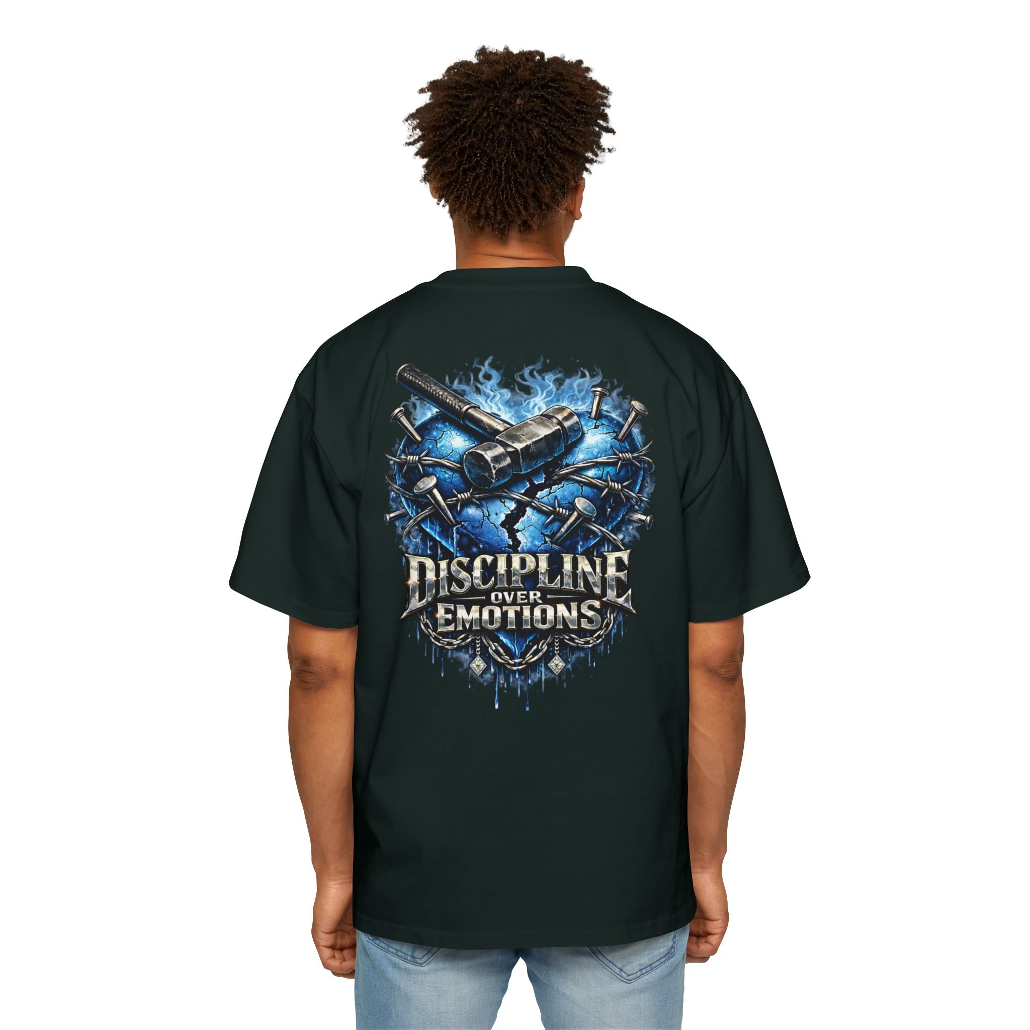 Oversized Discipline Over Emotions (Back) Graphic Tee (Blue Heart) Printify