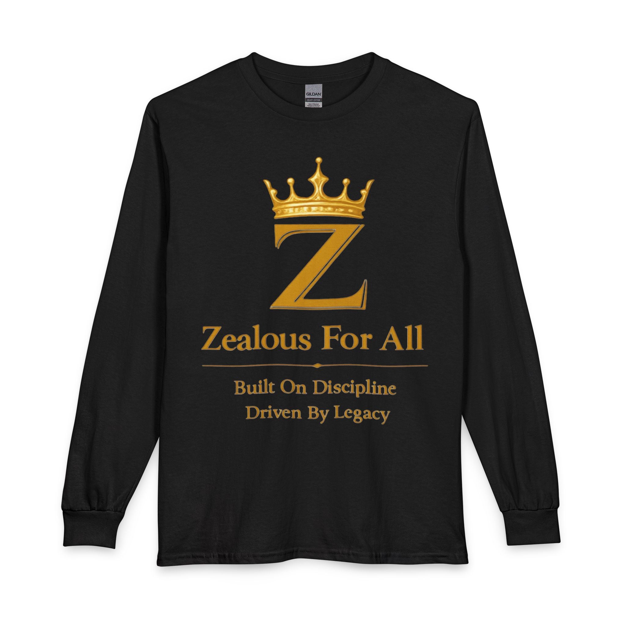Long Sleeve Shirt — "Zealous For All" Gold Crown Logo, Motivational Athletic Streetwear Printify