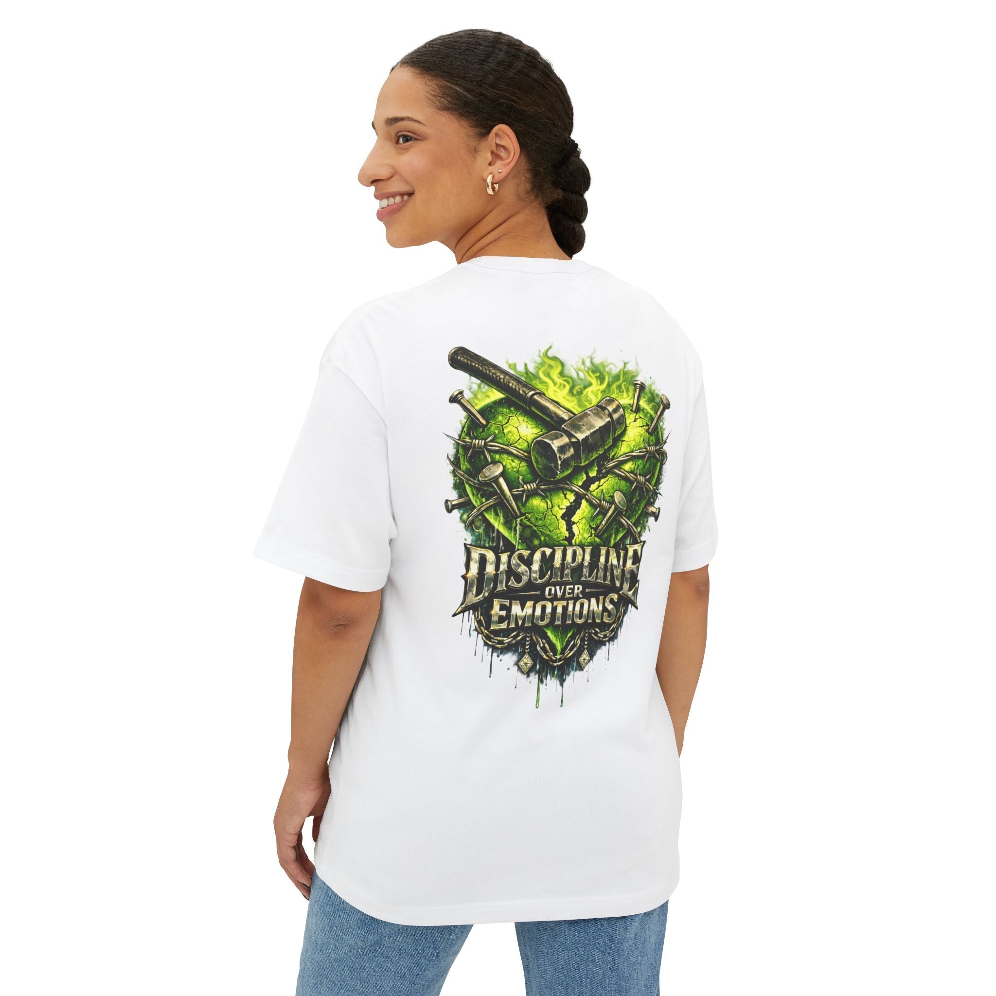 Adult *Oversized* Discipline Over Emotions (Back) Graphic Tee (Lime Green Heart) Printify