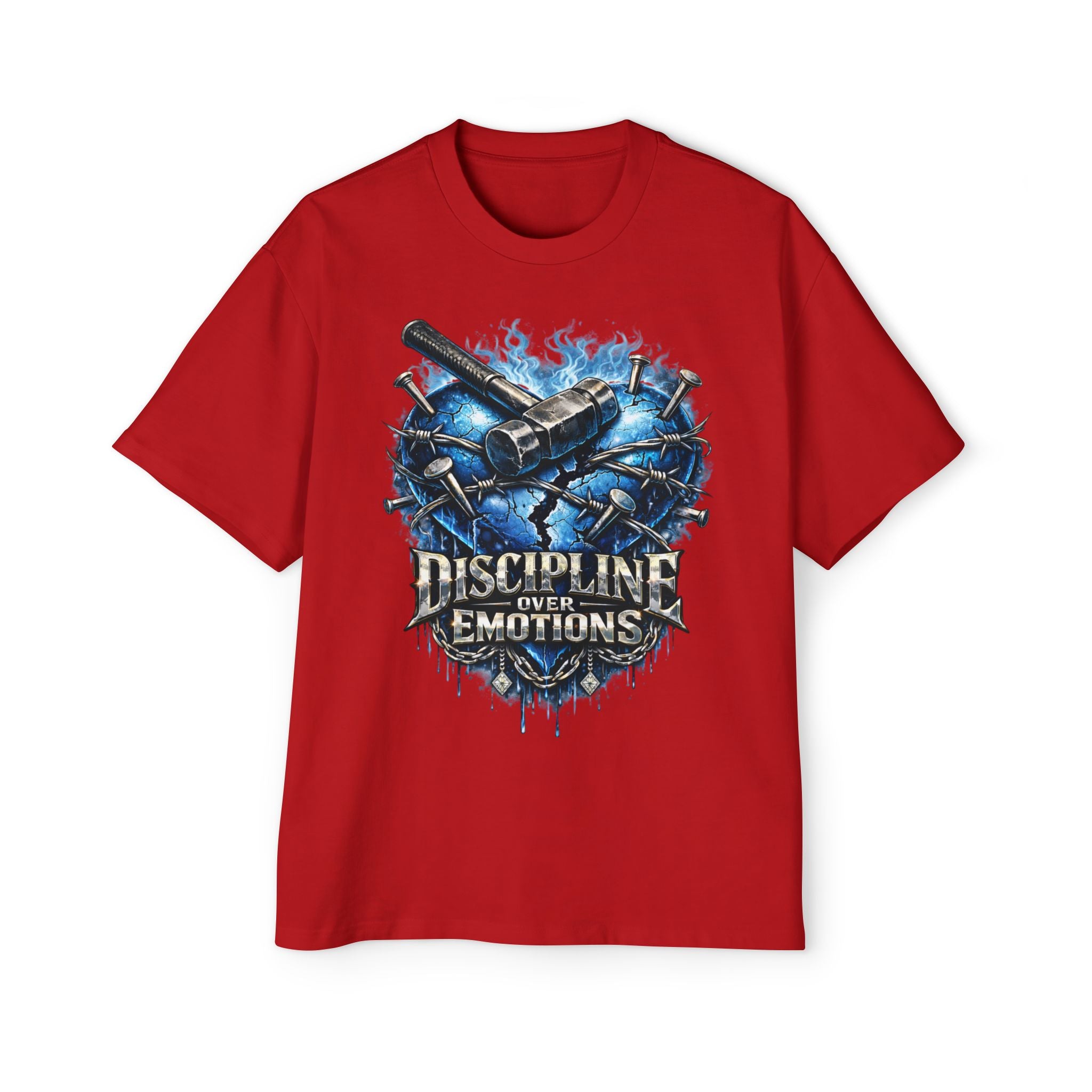 Oversized Discipline Over Emotions Graphic T-Shirt (Blue Heart) Printify