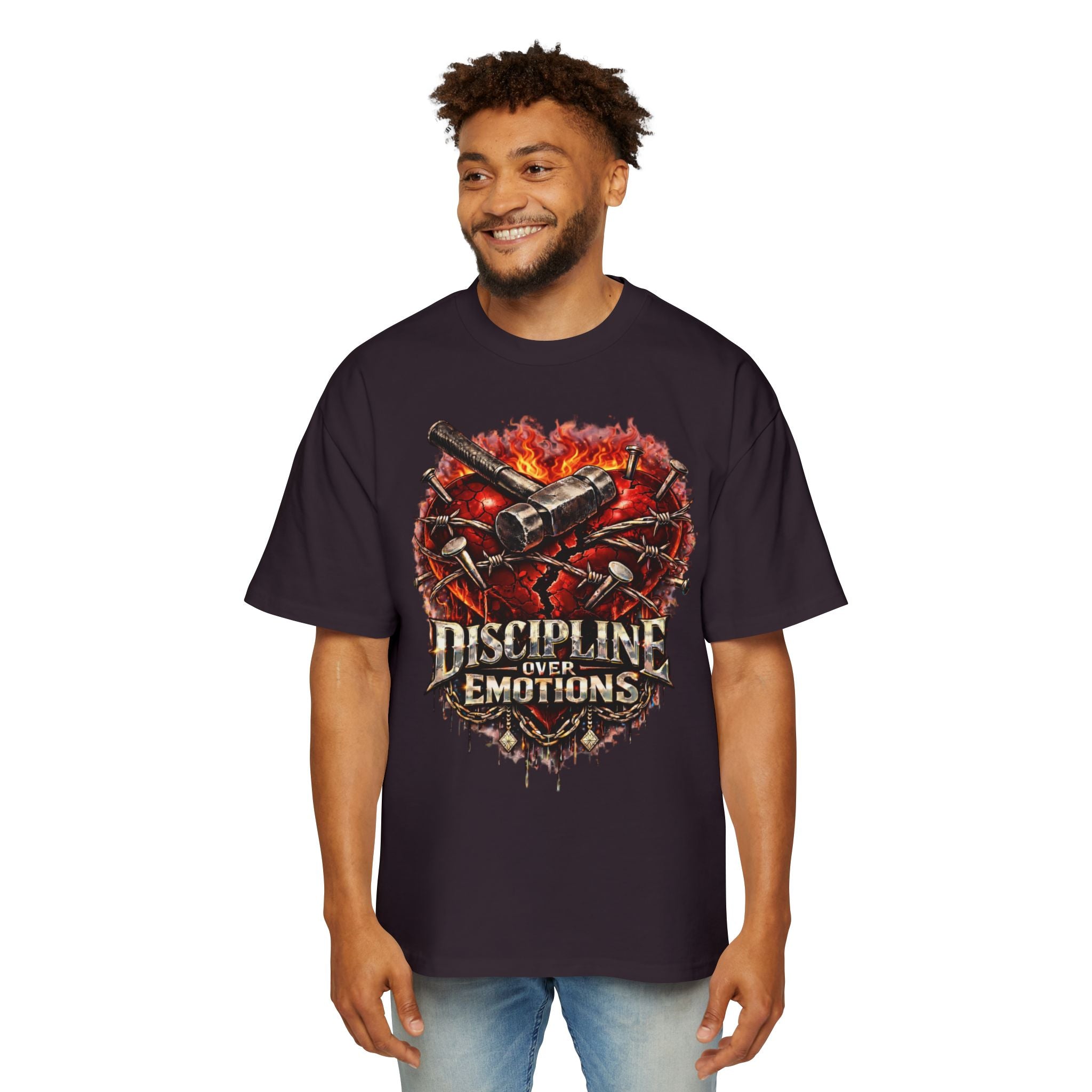 Oversized Discipline Over Emotions Graphic Tee (Front Red Heart) Printify