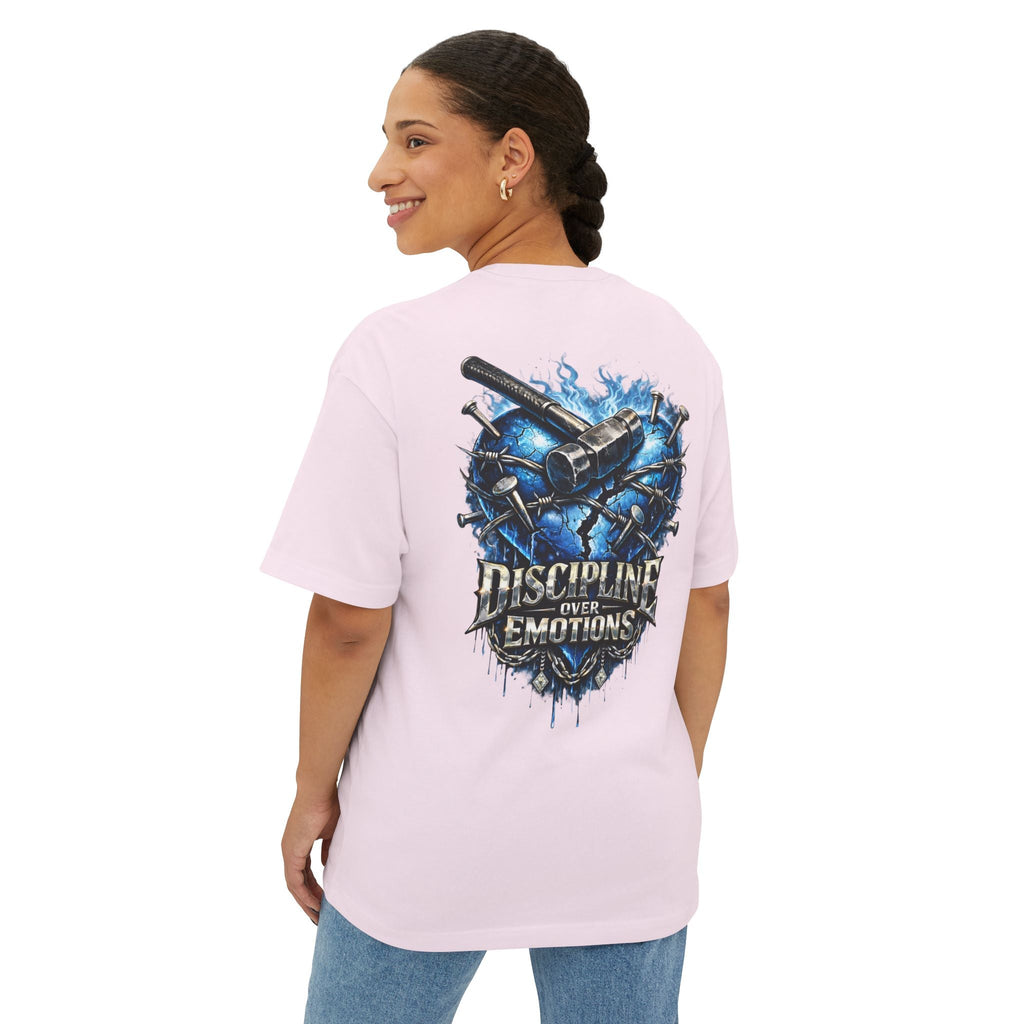 Adult *Oversized* Discipline Over Emotions (Back) Graphic Tee (Blue Heart) Printify