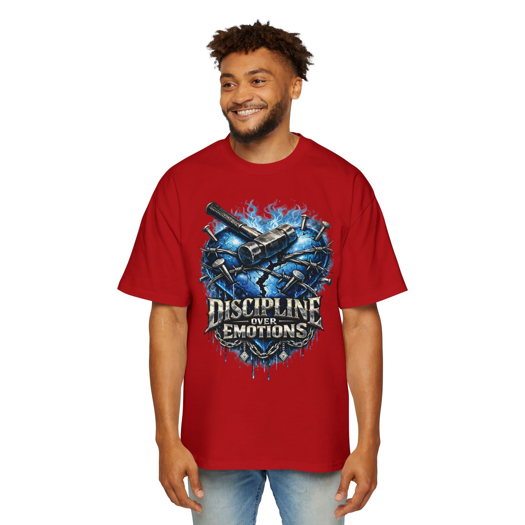 Oversized Discipline Over Emotions Graphic T-Shirt (Blue Heart) Printify