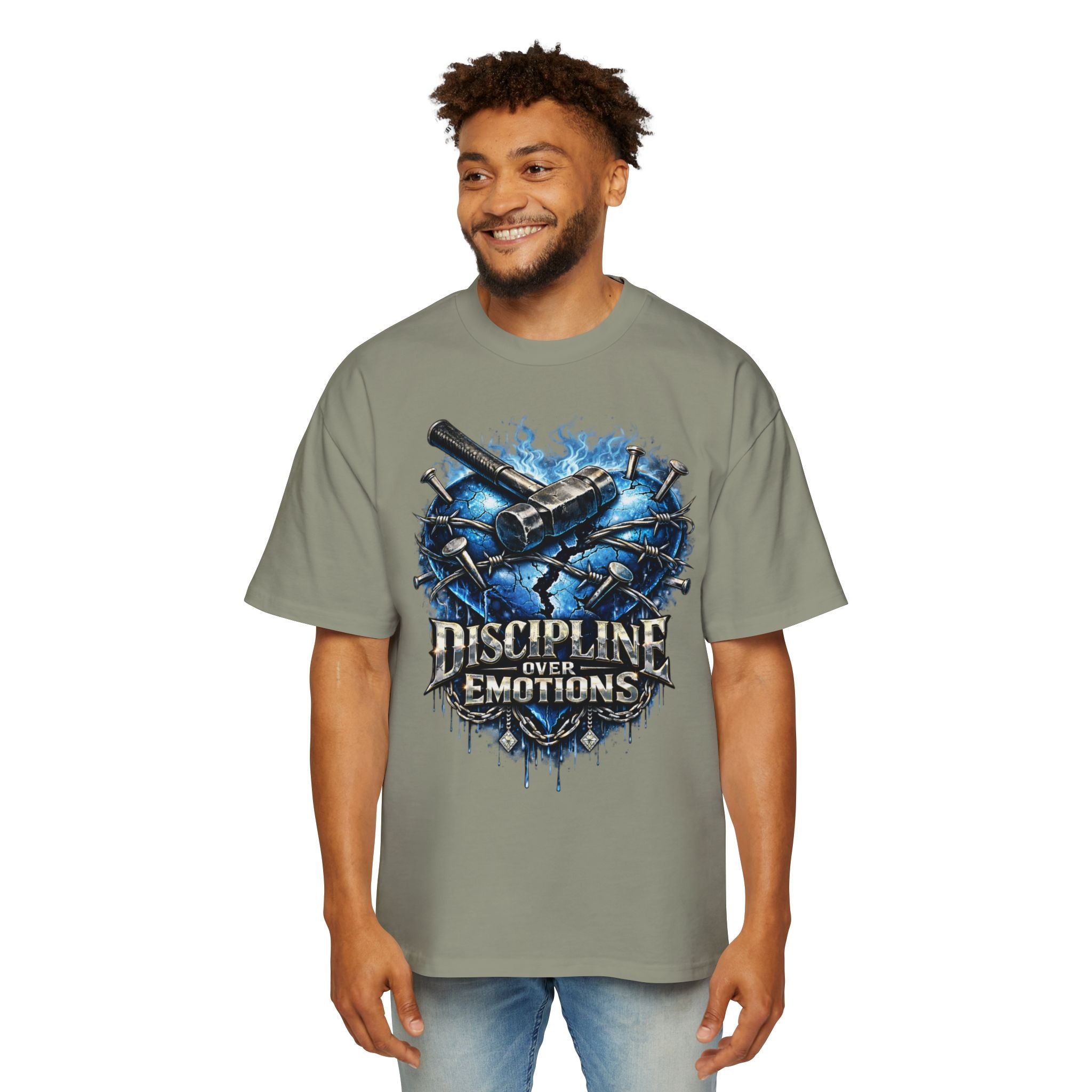 Oversized Discipline Over Emotions Graphic T-Shirt (Blue Heart) Printify