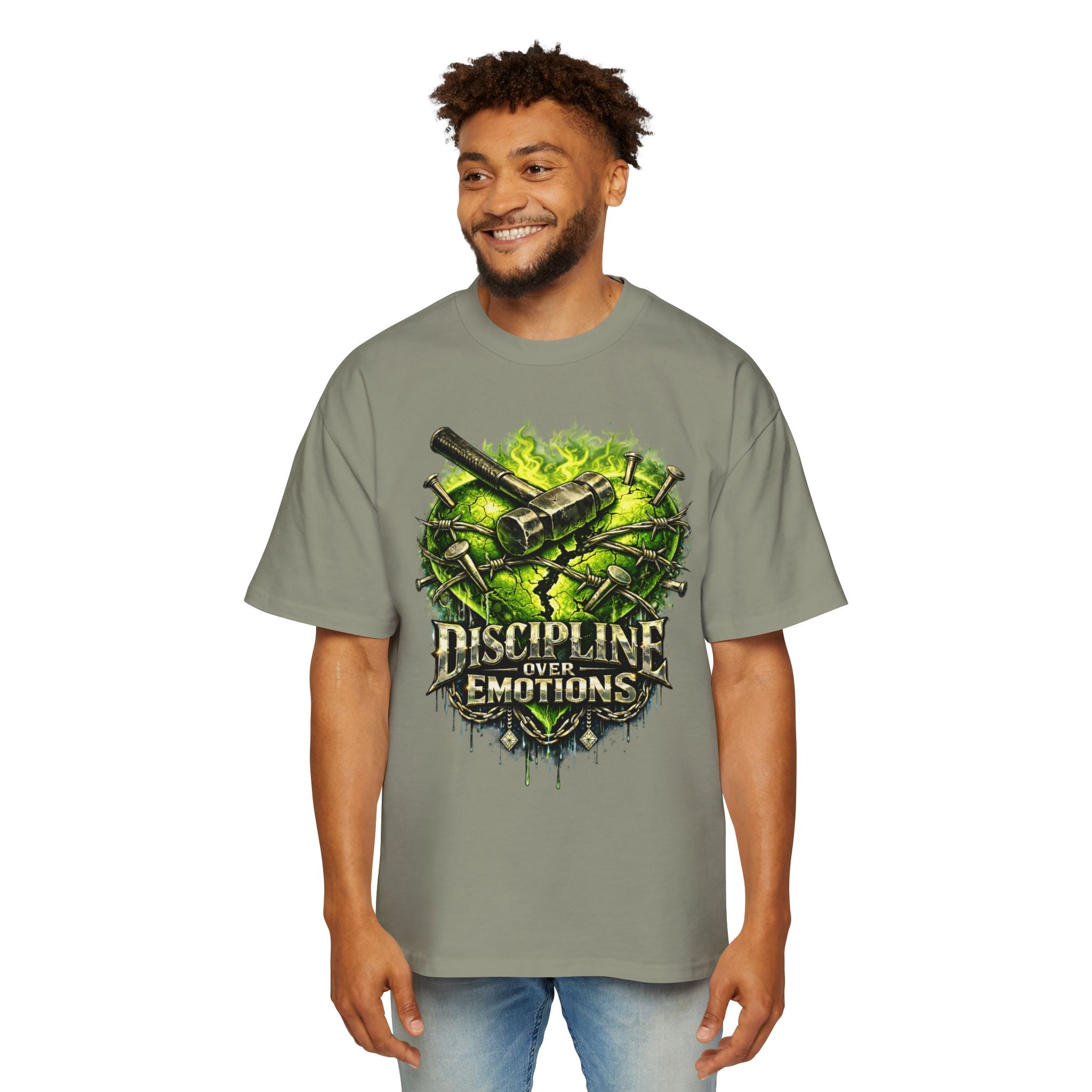 Oversized Discipline Over Emotions Graphic Tee (Green Heart) Printify