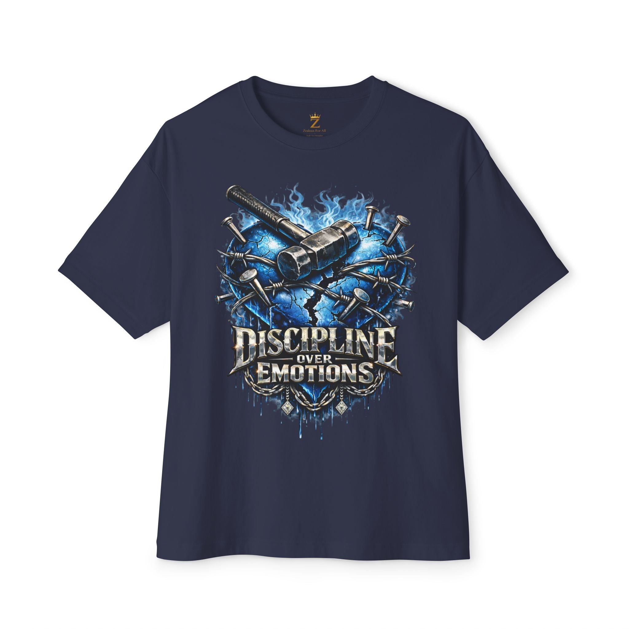 Adult *Oversized* Discipline Over Emotions Graphic T-Shirt (Blue Heart) - Zealous For All