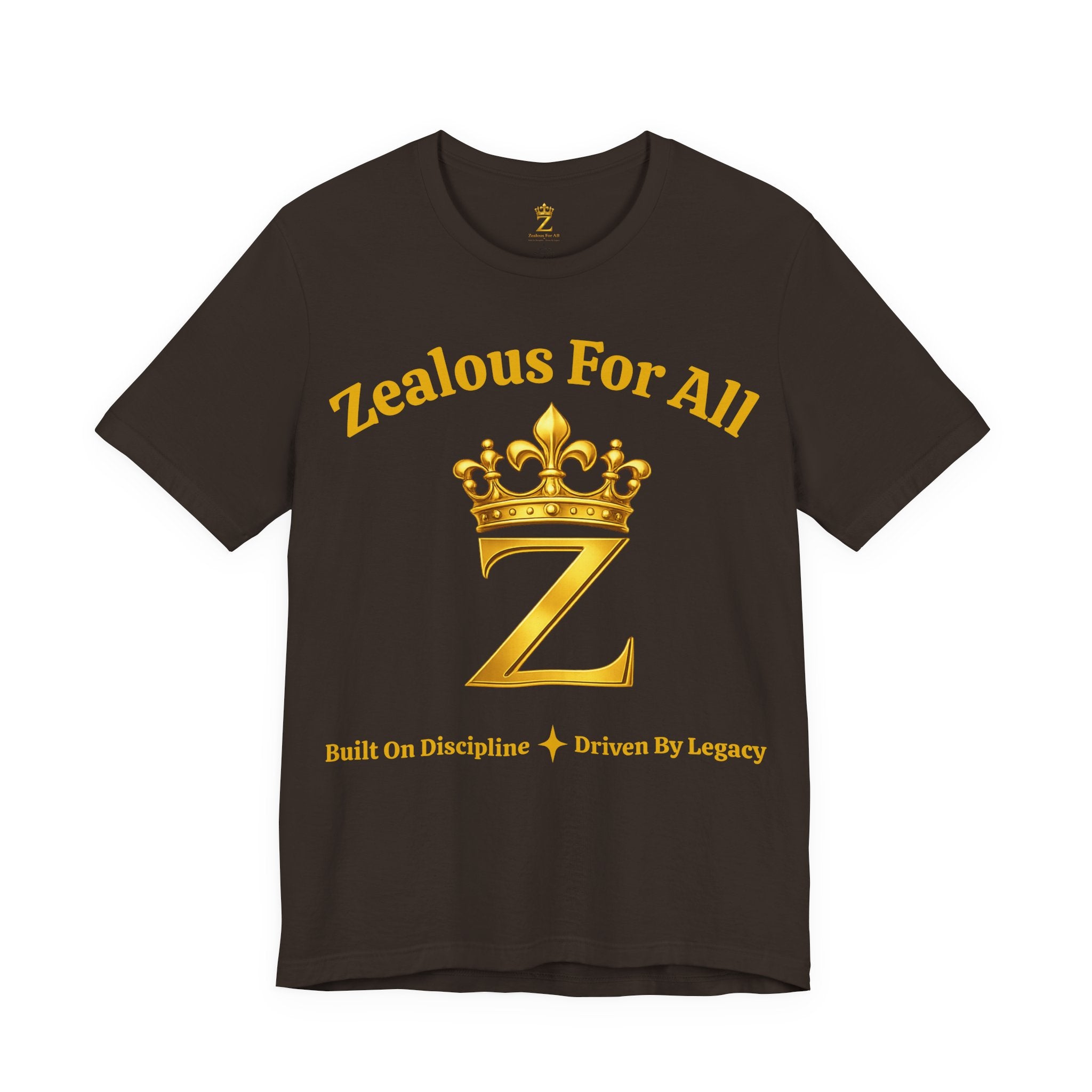 Unisex Luxury Zealous For All T-Shirt (Gold/Black Words, Big Logo T-shirt) Printify