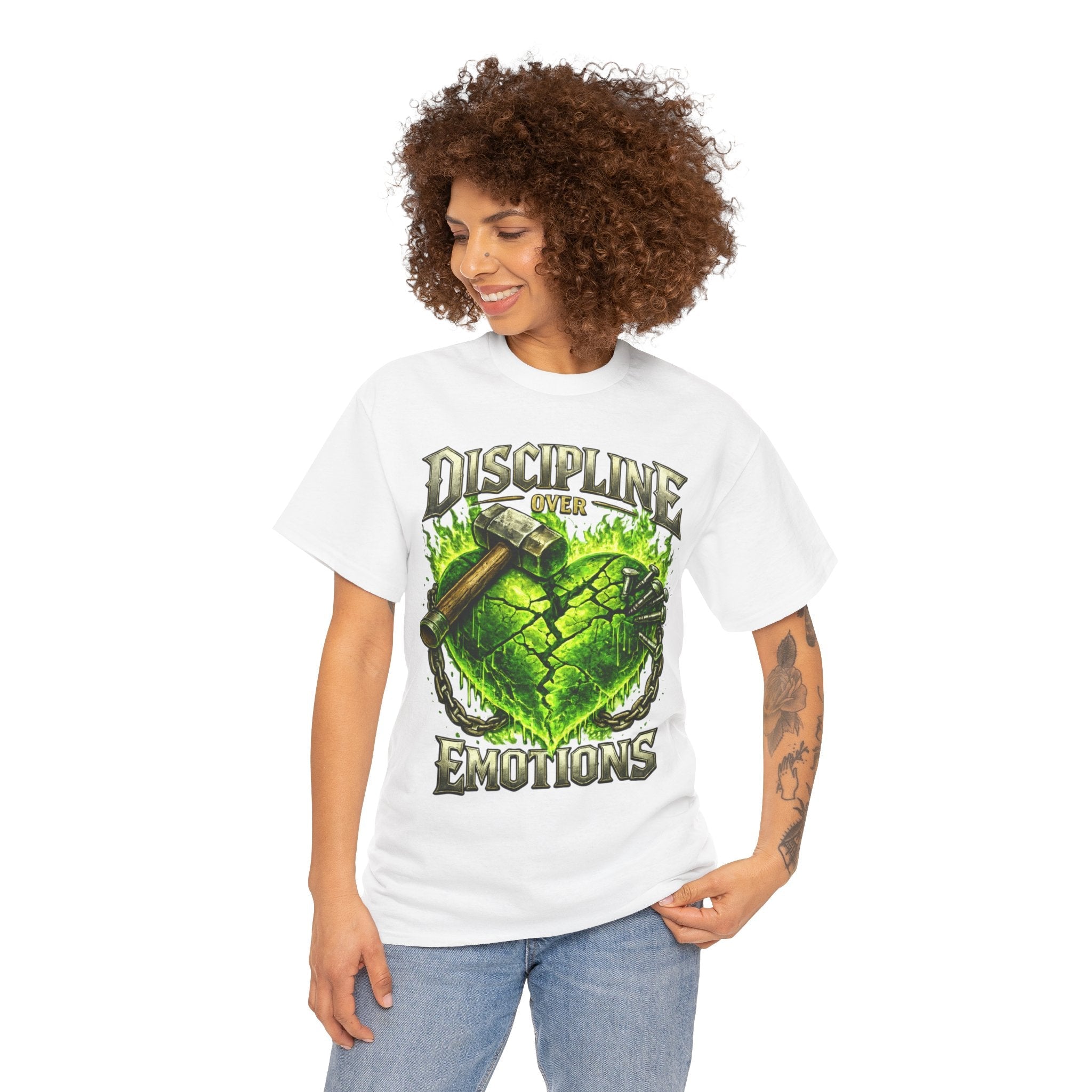 Adult Discipline Over Emotions Graphic T-Shirt (Lime Green Heart)
