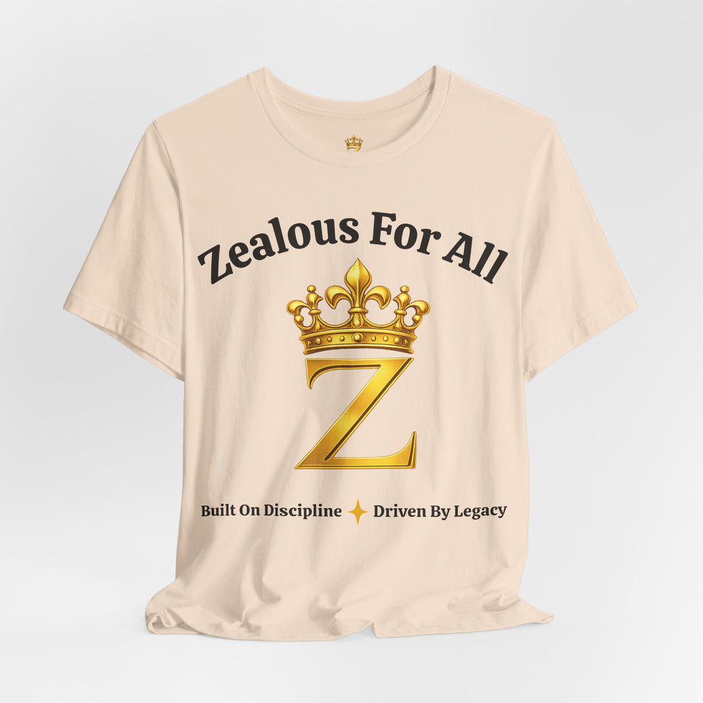 Unisex Luxury Zealous For All T-Shirt (Gold/Black Words, Big Logo T-shirt) Printify